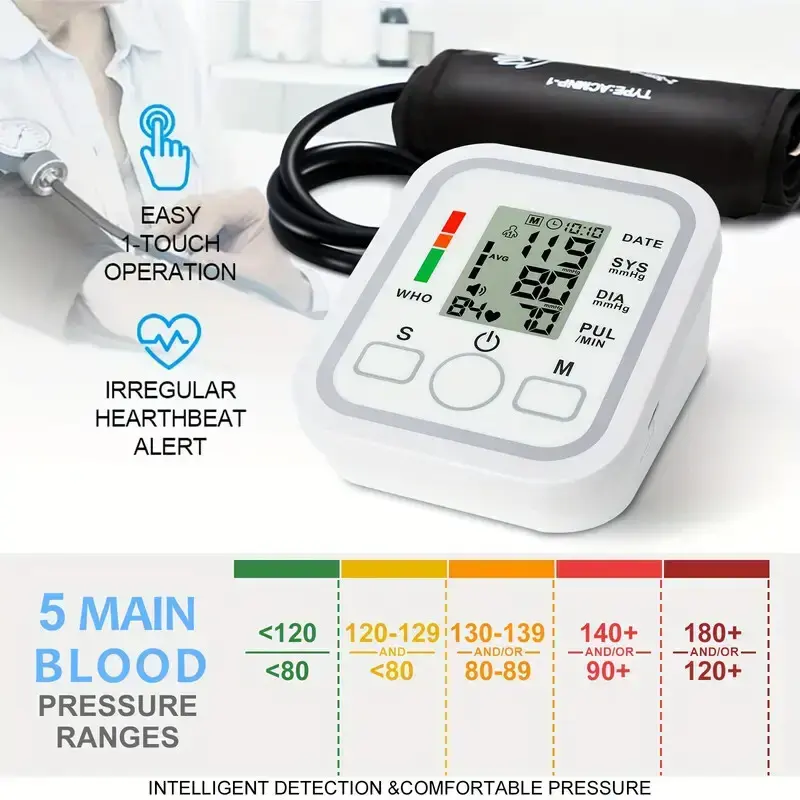 Rechargeable Digital Blood Pressure Monitor, Portable Upper Arm BP Machine with LCD Backlit Screen, Voice Broadcast, Heart Rate Monitoring, Hypertension Alert, 2×99 Memory Sets for Home & Travel