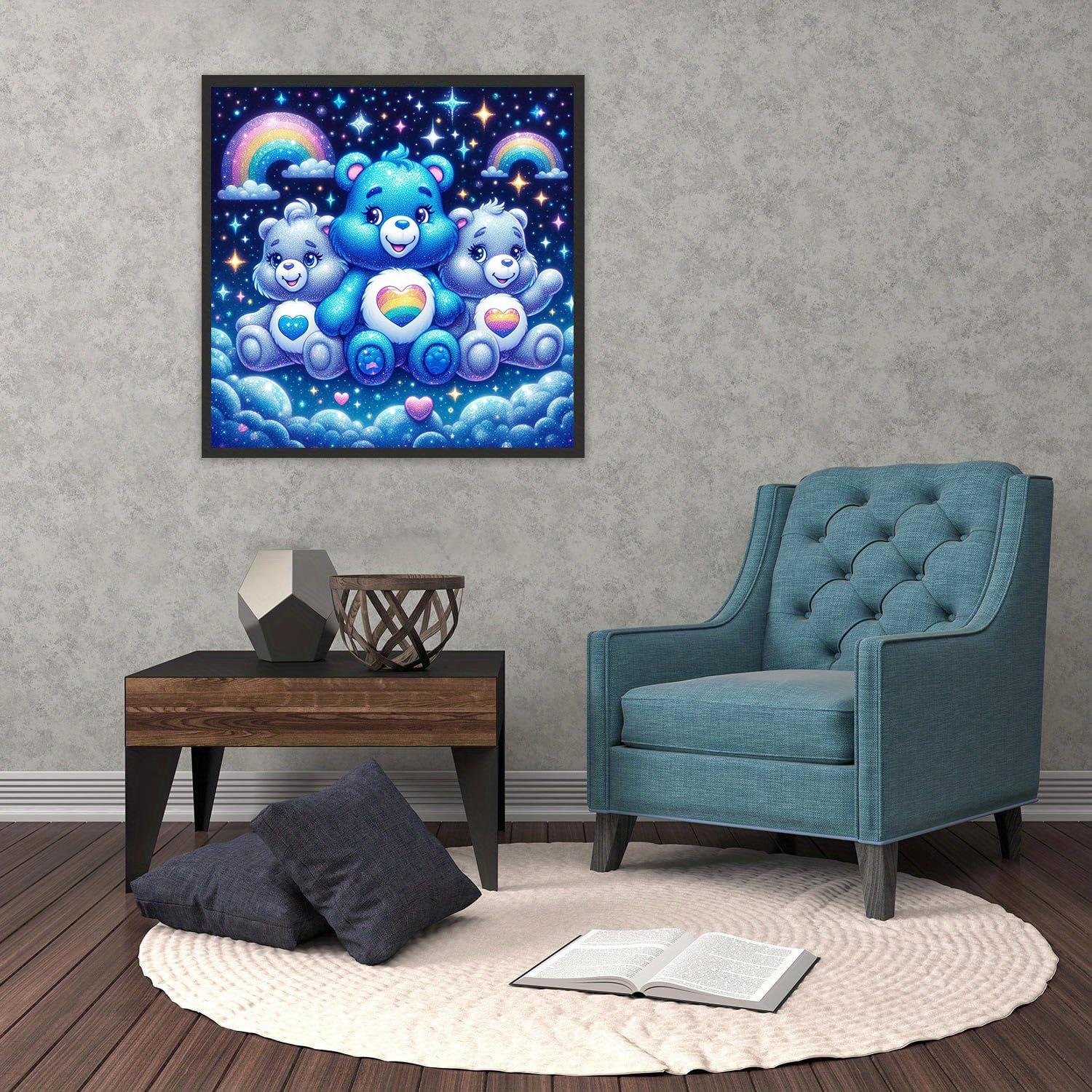 A set of 2D flat frameless handmade DIY diamond painting kit - dreamy starry sky rainbow bear theme with colorful diamonds and heart patterns, ideal for home wall decor and craft enthusiasts to create and enjoy.