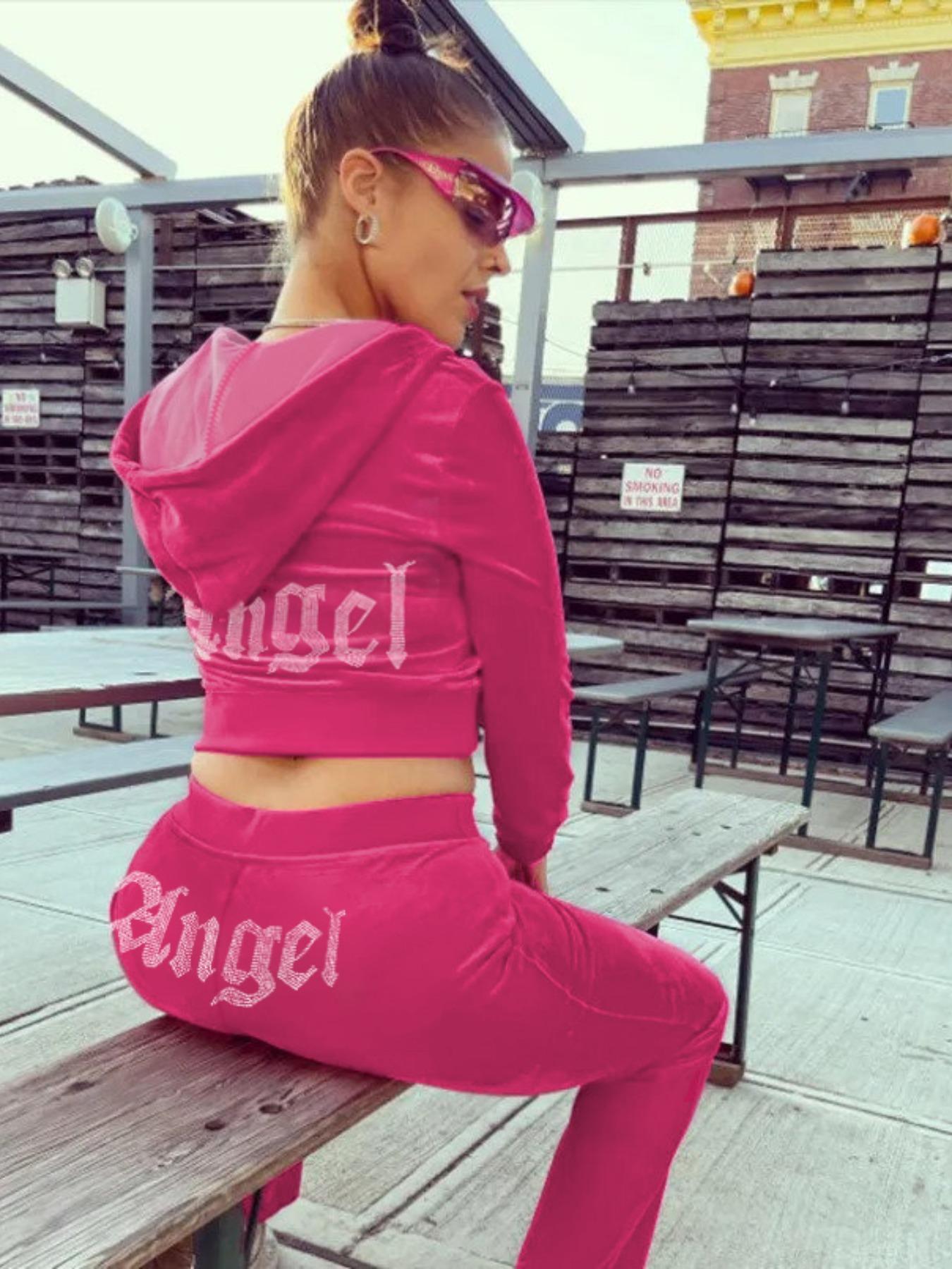 Women's "Angel" Rhinestone Letter Decor Pants Set, Casual Zip Up Hoodie & Elastic Waist Pants Set for Spring & Fall, Women's Clothes