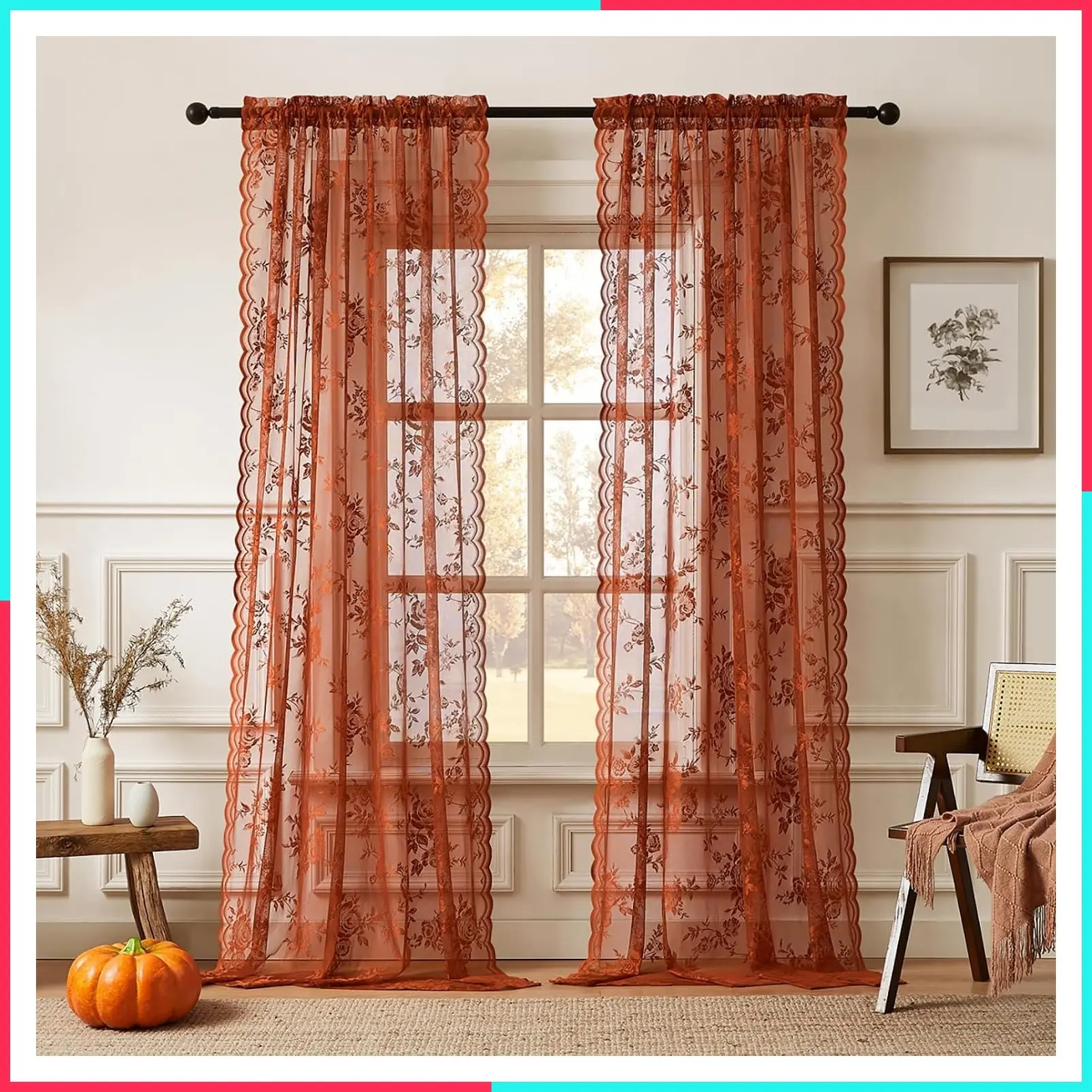 Terracotta Lace Curtains 84 Inches Long Country Rustic Floral Sheer Curtains for Living Room Bedroom Autumn Drapes Rod Pocket Light Filtering Orange Lace Curtain for Dining Room Fall Decor, 52x84