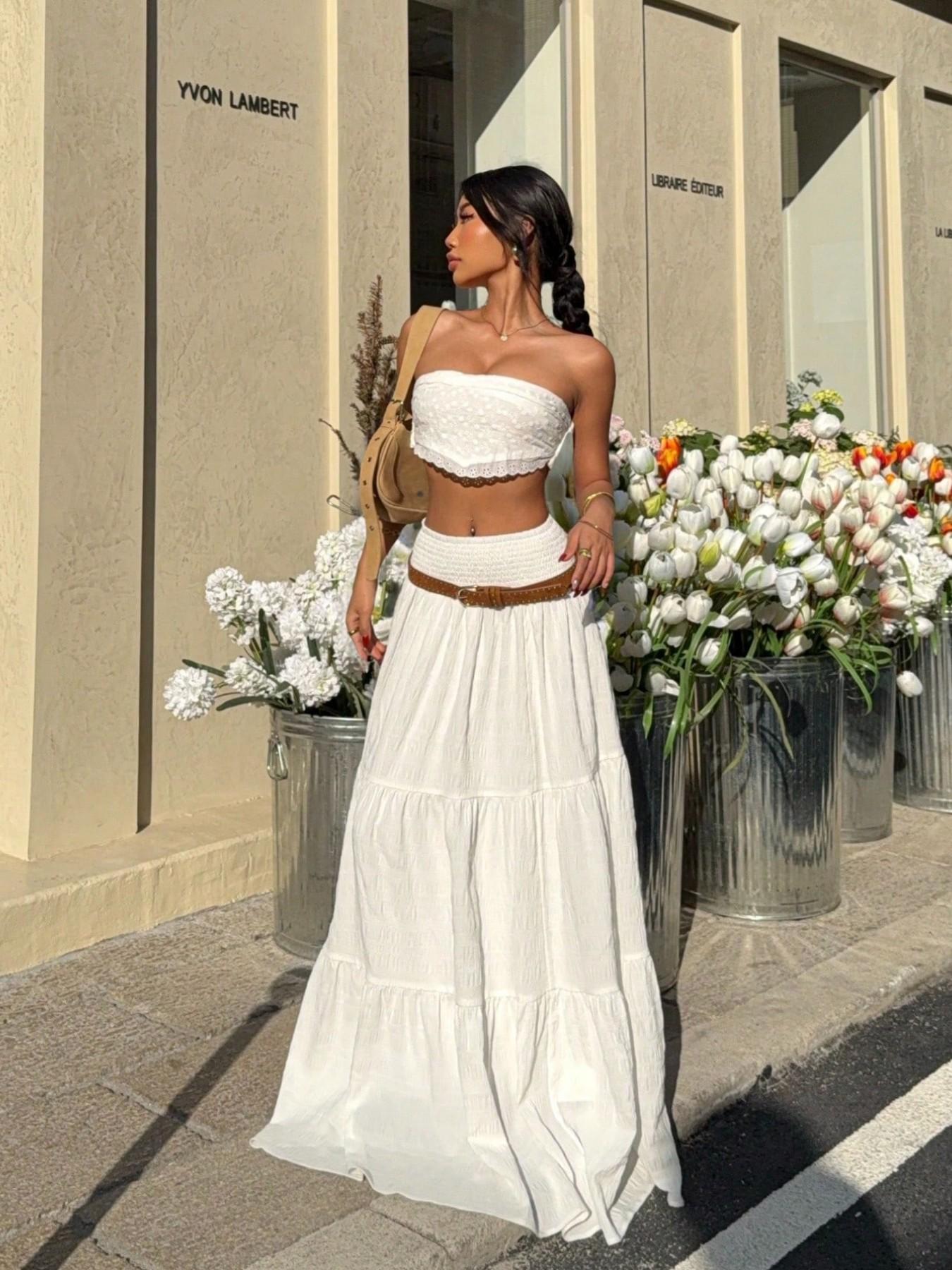 Women's Textured High Waist Cake Skirt, Boho Style Long Skirt, Elastic Waist, A-Line Slimming Fit, Spring & Fall Fashion