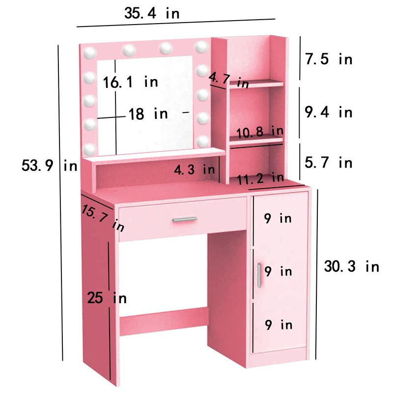 Bellemave 35.4" W Makeup Vanity Desk with Mirror, Large Drawer, Three Level Storage Dresser (53.9"HX35.4"WX15.7"D) - Organizing