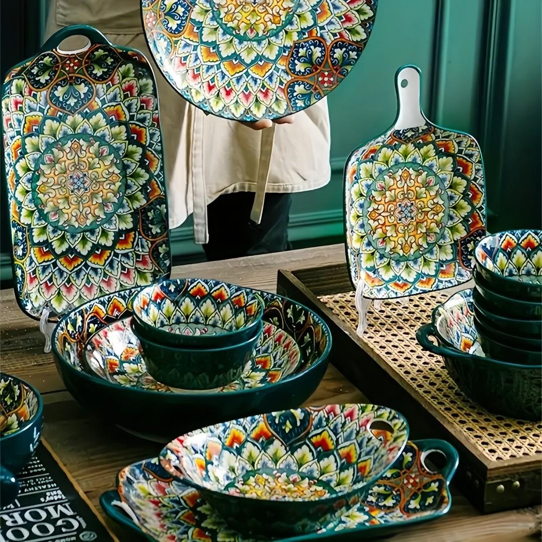 4-Piece Bohemian Ceramic Tableware Set, Hand-Drawn Ethnic Style Bowls and Plates, Creative Home Dining Essentials, Ceramic Dinnerware Sets, Non-Bone China