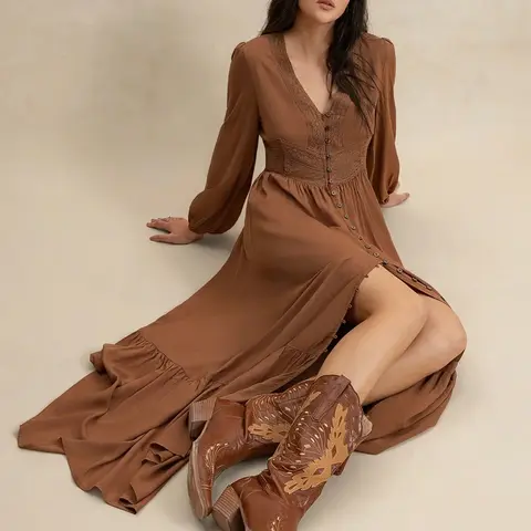 Women's Plain Plaid V Neck Long Sleeve Dress, Casual Fitted Woven Fabric Dress for All Seasons, Daily Wear Fashionable Women's Clothing, Casual Everyday Wear