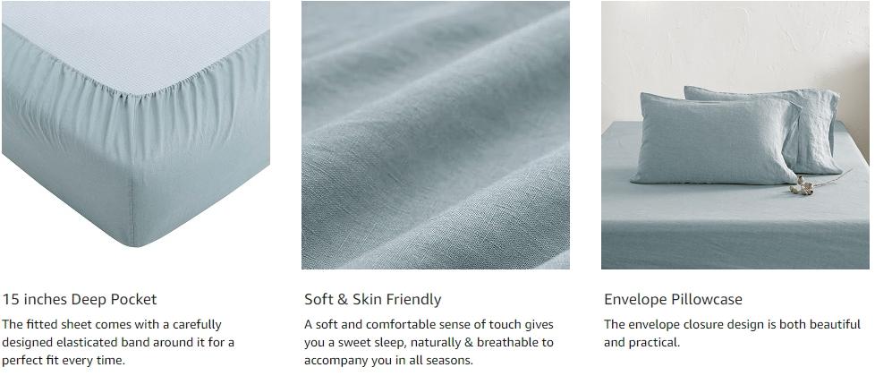 ATLINIA 100% Linen Sheet Set French Flax Farmhouse Style Bedding Including 1 × Flat Sheet & 1 × Fitted Sheet & 2 Pillowcases