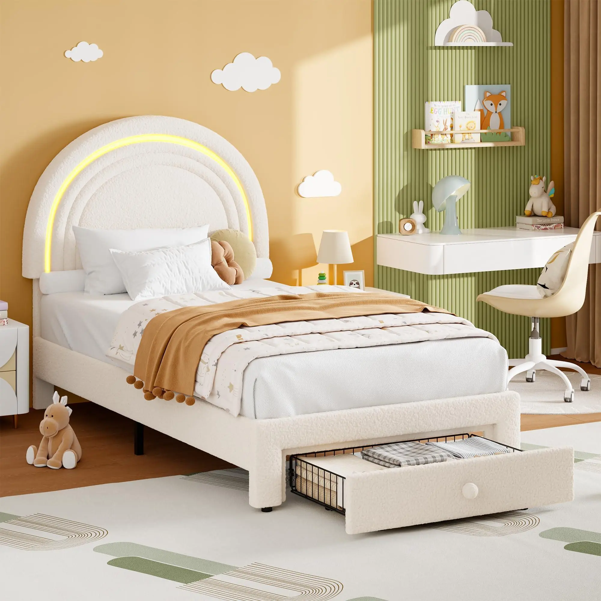 GARVEE Twin Upholstered LED Platform Bed Frame - Berber Fleece Rainbow Headboard, Storage Drawer, Solid Wood Slat Support, No Box Spring Needed, Easy Assembly, Beige Kids Bed, Upholstered Platform Bedframe