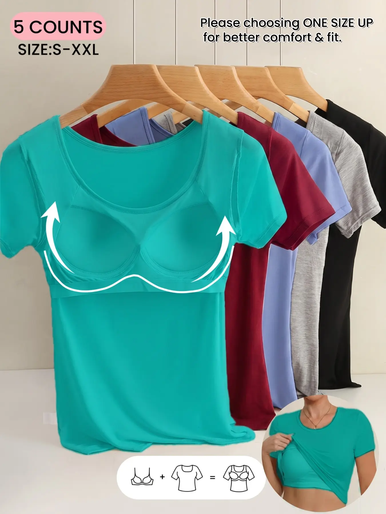 Women's Summer Short Sleeve T-Shirt with Bra Cups, Built in Bra Tank Top,Soft Comfortable Plain Inner Outer Top, Basic Simple Tee for All Seasons