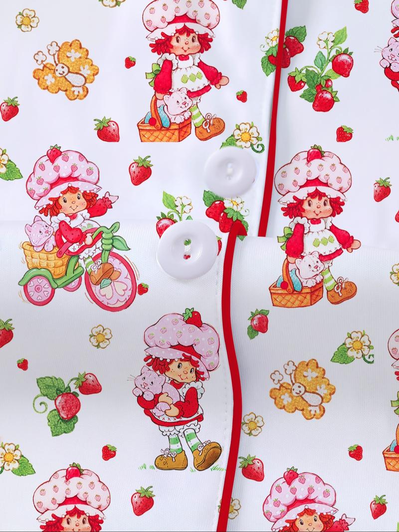 Women's Strawberry Cartoon Print Sleepwear Set, Short Sleeve Button-Up Top & Elastic Shorts, Casual Home Wear for Daily Use