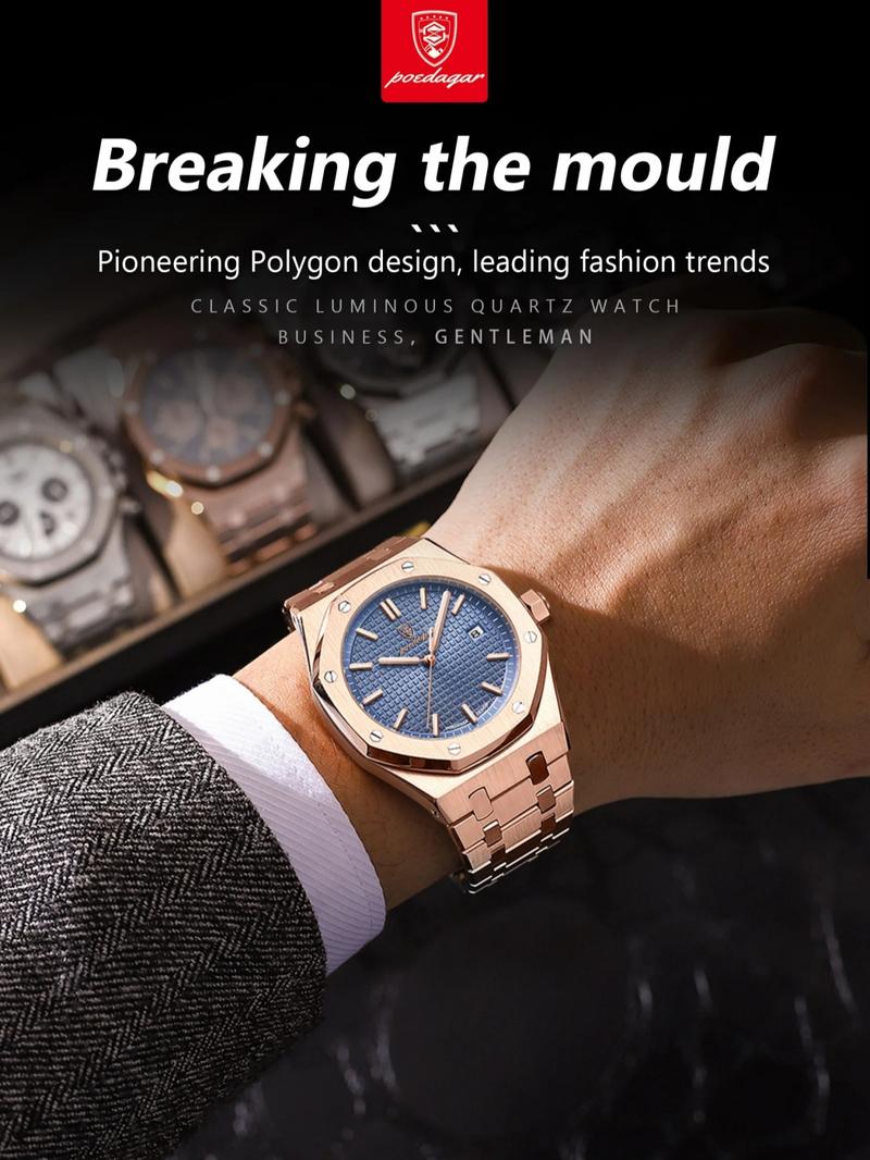 Poedagar Luxury Waterproof Night Light Date Men's Watch, Stainless Steel Fashion Quartz Watch, Suitable for Daily Wear Fashion Men's Watch, Business Fashion Watch