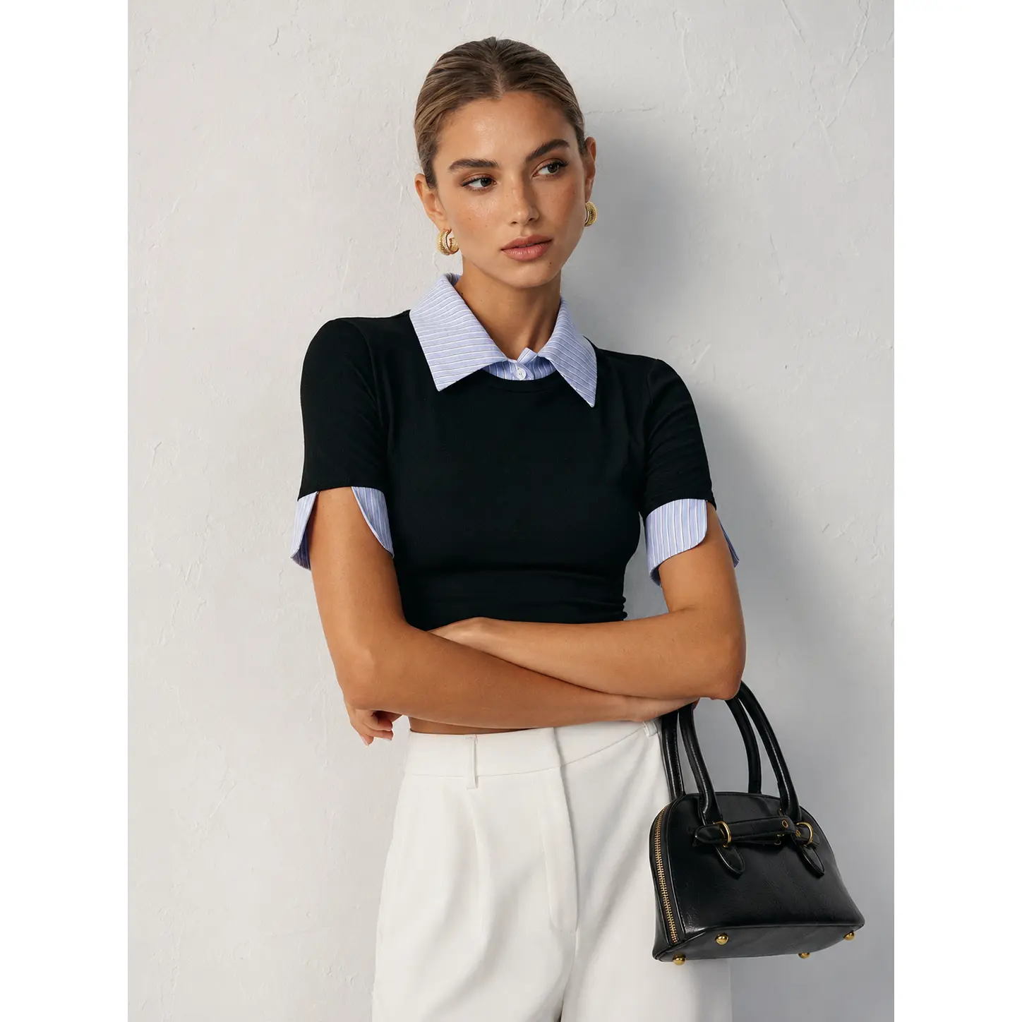 COMMENSE Men's Fitted 2-in-1 Collared Top, T-Shirt with Paneled Collar and Cuffs COMMENSE Men's Fitted 2-in-1 Collared Top, T-Shirt with Paneled Collar and Cuffs