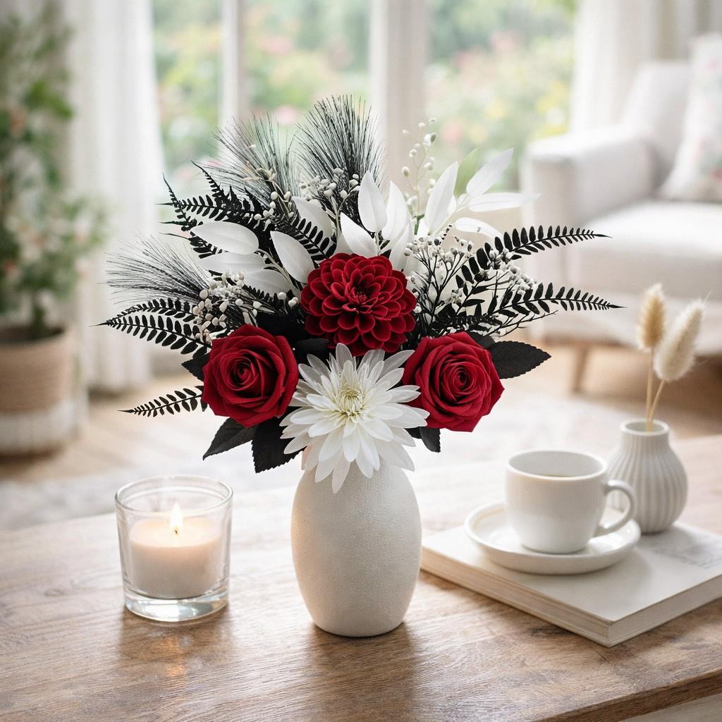 Elegant Layered Flower Center with Petals, Dark Leaf Accents, Ideal for Living Room, Entryway, Desk Decorations, No Vase Included