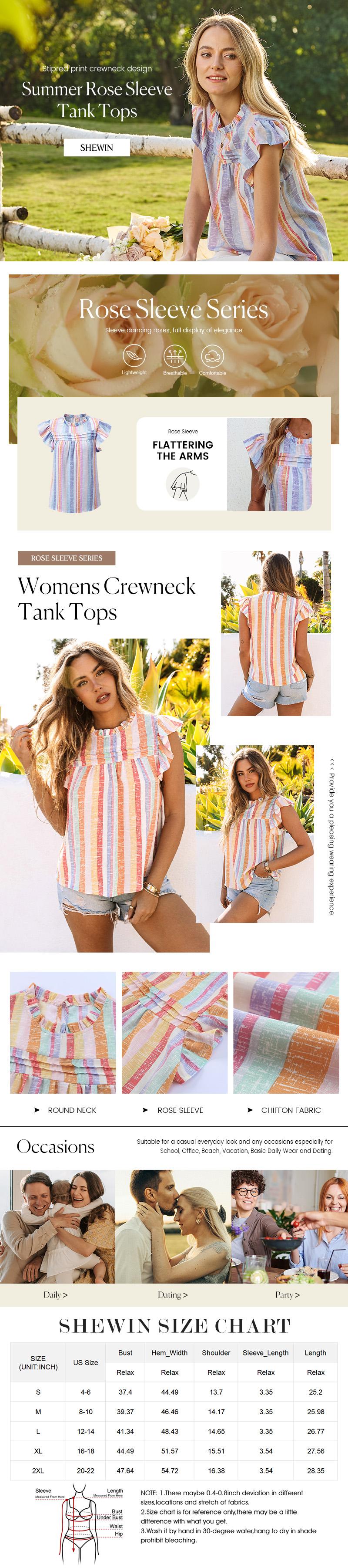 Shewin 2026 Spring/Summer Women's Casual Ruffle Sleeveless Striped Blouse Top Crewneck Tank Tops Plus Size Clothing Trendy Soft Polyester Tees - Gamis