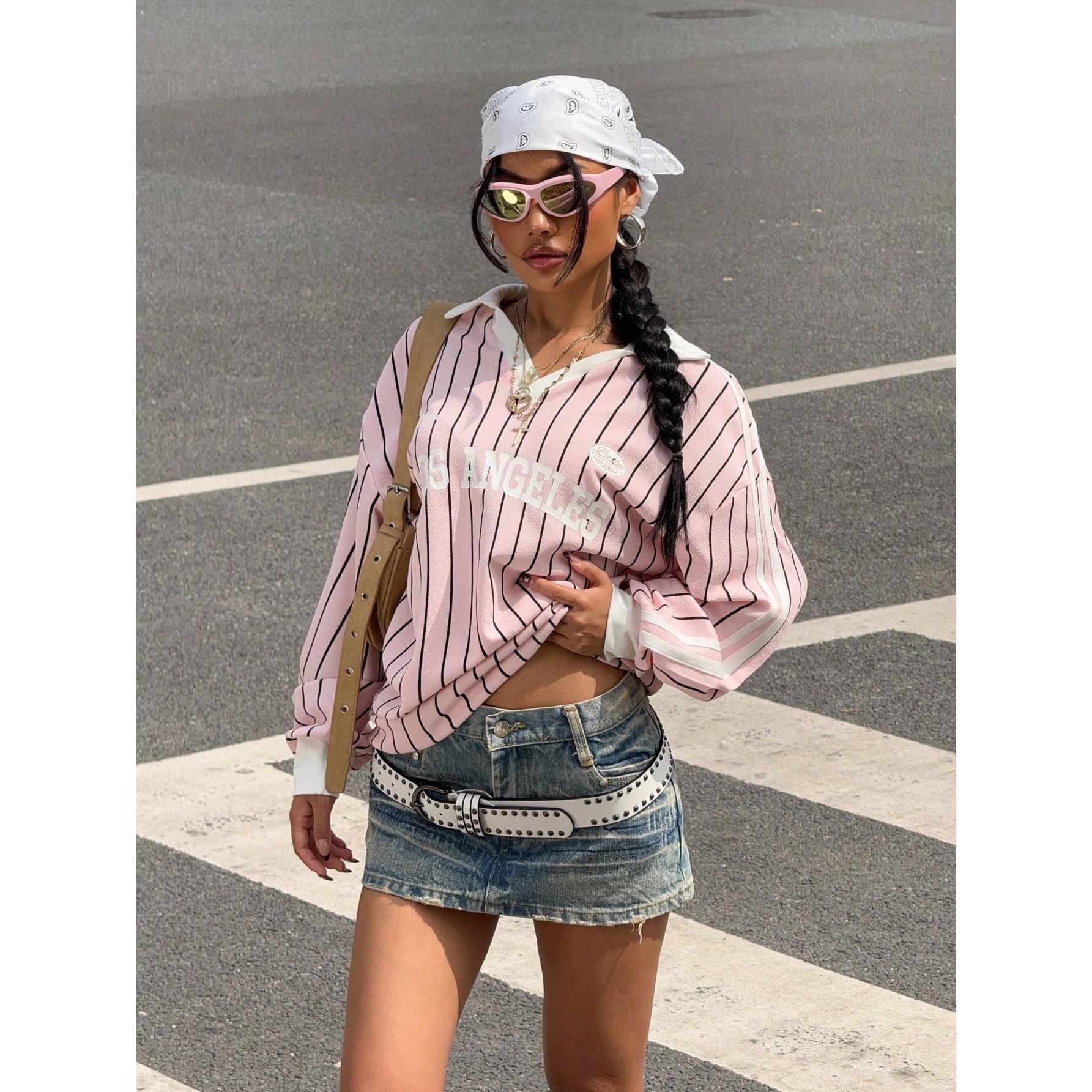 TikTokShopBlackFriday Women's Oversized Tees Striped Letter Print Y2k Jersey T Shirt Collar V Neck Long Sleeve Loose Tops