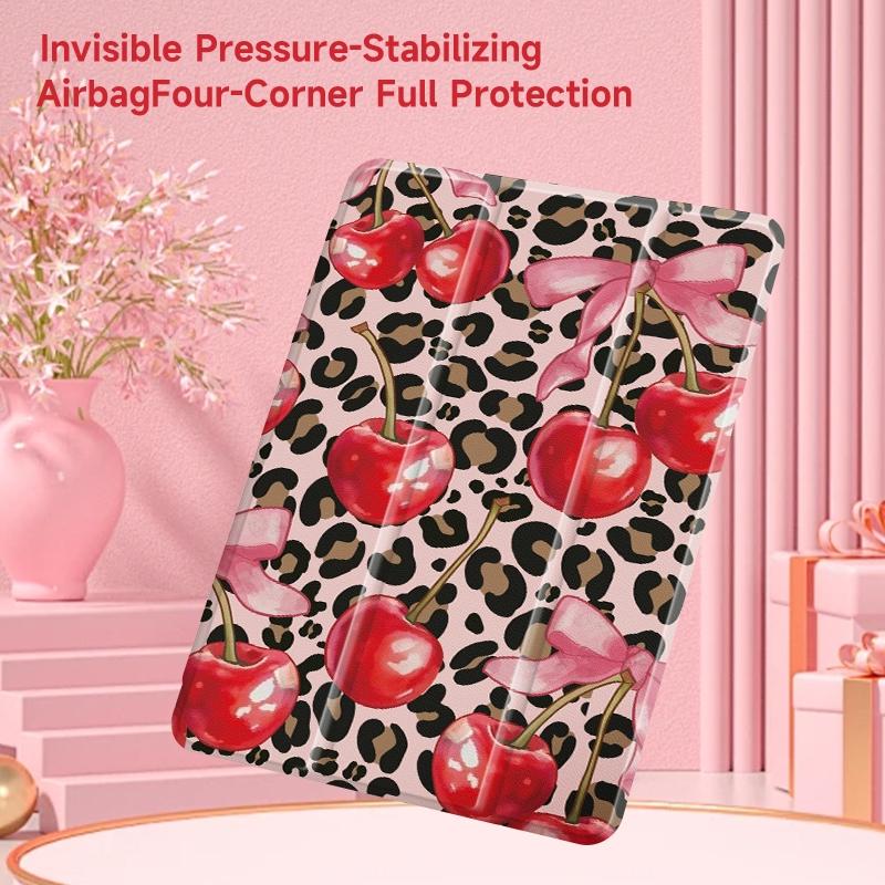 Fashion Cherry Pattern Tablet Case with Pen Slot, Adjustable Bracket Design Tablet Protective Cover, Soft Shell Tablet Protector for iPad, Tablet Casing