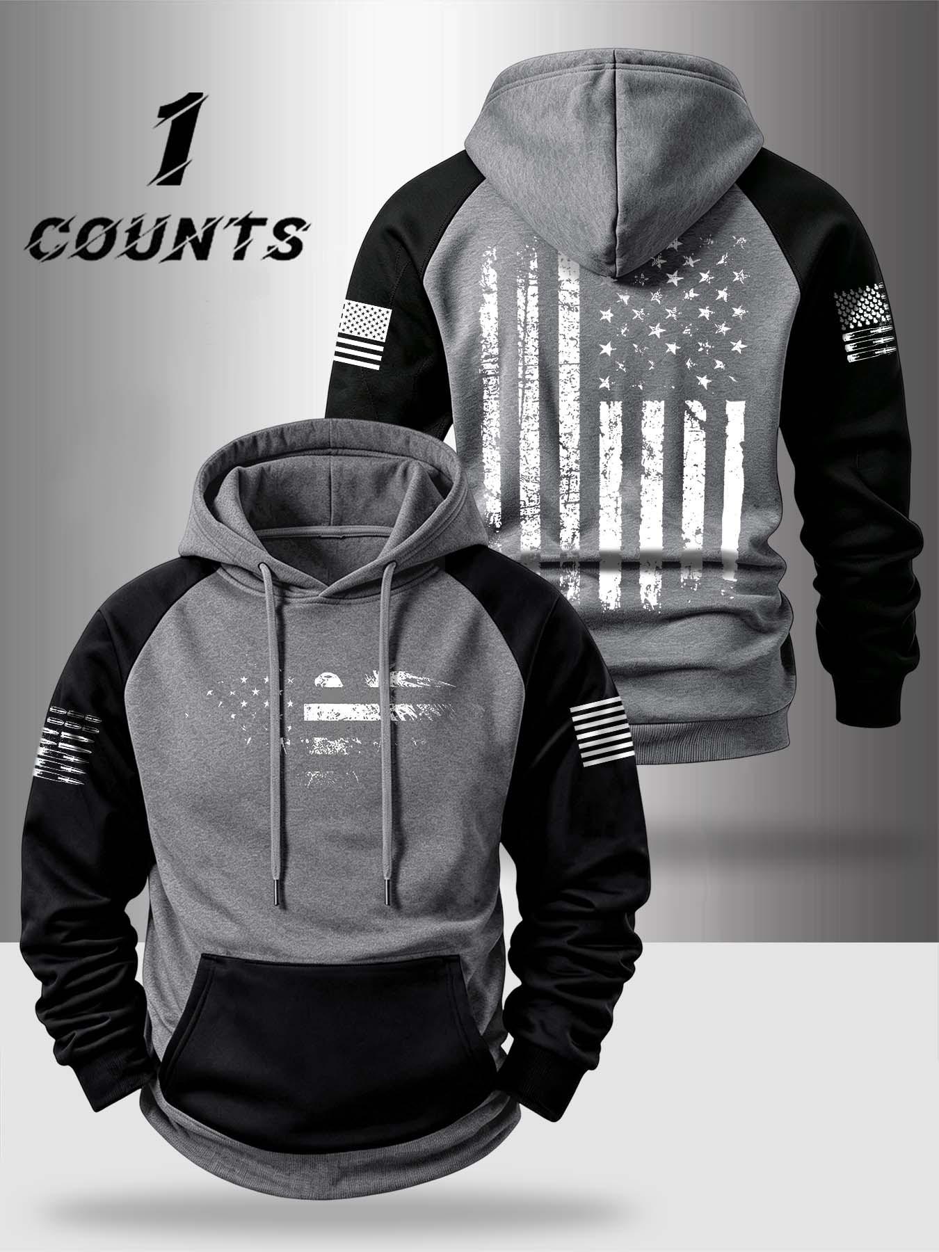 Autumn Winter Design Zipper Thickened Long Sleeve Hoodie, Pocket Portable Fashion Patchwork Colorblock Vintage Eagle Flag Pattern Comfortable Casual Streetwear Sweatshirt