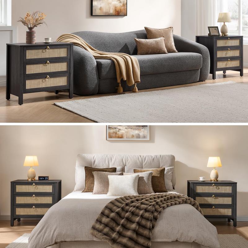 SICOTAS White Night Stand with Drawers - 15.55"D x 26.78"W x 25.67"H Rattan Bedside Table with Golden Handle, 3 Drawers Nightstand Side Table Boho Nightstand for Bedroom, Perfect for Any Bedroom, Durable and Stable