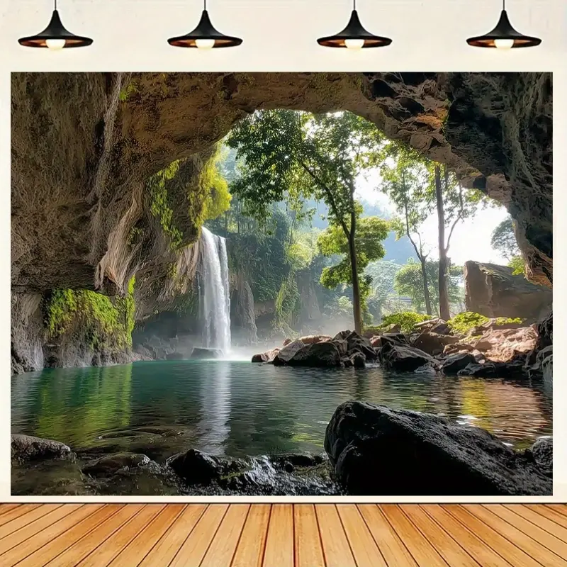 Large Cave Waterfall Nature Landscape Tapestry - Green Forest, Lake, Rock Wall Design Indoor-Outdoor Wall Decor with Hooks for Bedroom, Living Room Photo Booth Backdrop
