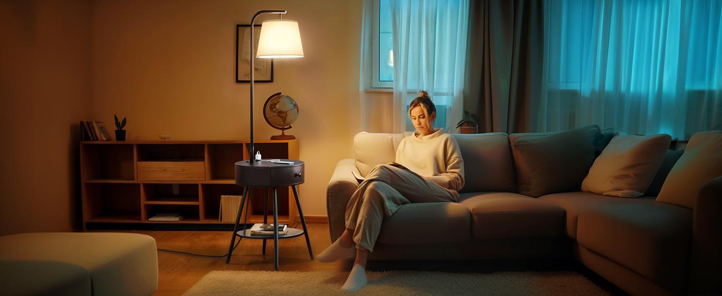 DWVO Floor Lamp with Table & Drawer, Side Table Lamp with USB & Type-C Charging Ports, 2 Power Outlet, 3 Color Temperature, E26 Socket, Suitable for Living Room, Bedroom, Office
