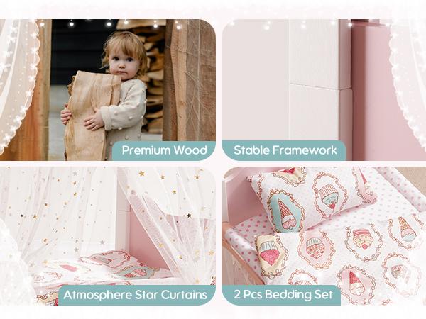 ROBUD Baby Doll Bunk Beds, Wooden Baby Doll Crib with Starry Curtain, Stackable Toy Crib for 18 Inch Dolls, Doll Bed Playset with Bedding Accessories, for Kids 3+