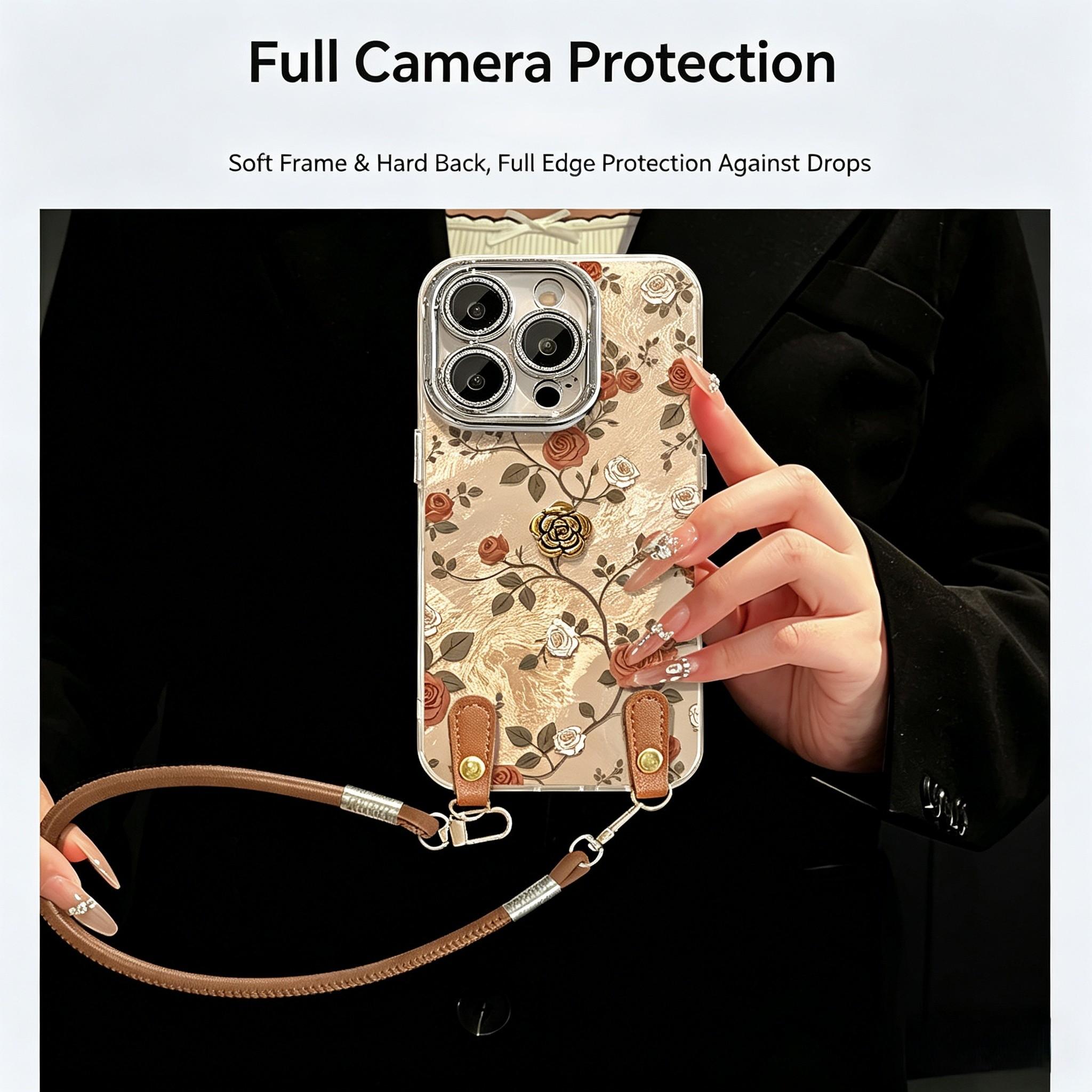 Vintage Rose Phone Case for iPhone 17 Pro Max, Luxury Acrylic Cover with Leather Wrist Strap, Full Camera Protection Shockproof Case, Elegant Floral Aesthetic for Women Girls