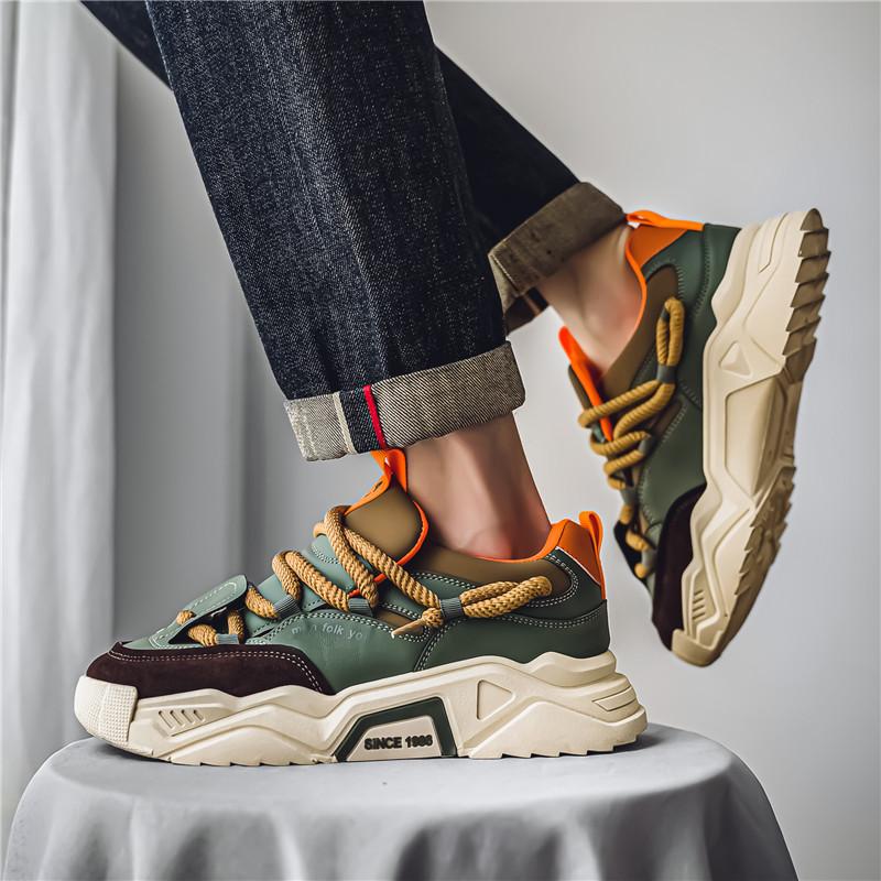 Low-top round toe lace-up casual men's shoes with color-blocking design, available in green and black. Versatile and comfortable running shoes suitable for all seasons, ideal for daily wear, sports and hiking.