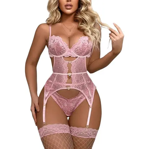 Women's Elegant Underwire Bra 3-Piece Sheer Lingerie Set - Sheer Floral Lace Bodysuit, Garter Belt, Thong, Stockings, Fishnet Accents Feminine Nightwear for Sports & Outdoor Protective Gear Accessory Use (Women's Clothes, Feminine Items)