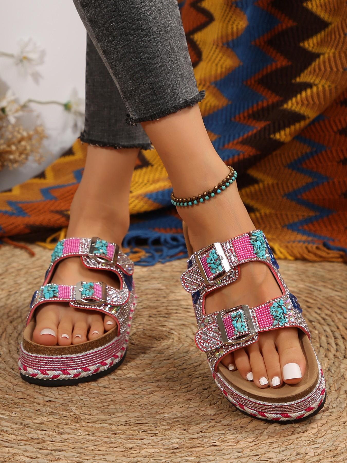 Women's Summer Fashion Thick Sole Sandals Bohemian Style Platform Slides 2026 New Trendy Rhinestone Colorful Stone Slippers O Wedge Beach Shoes Must-have for Coastal Vacation Flexible Sandals