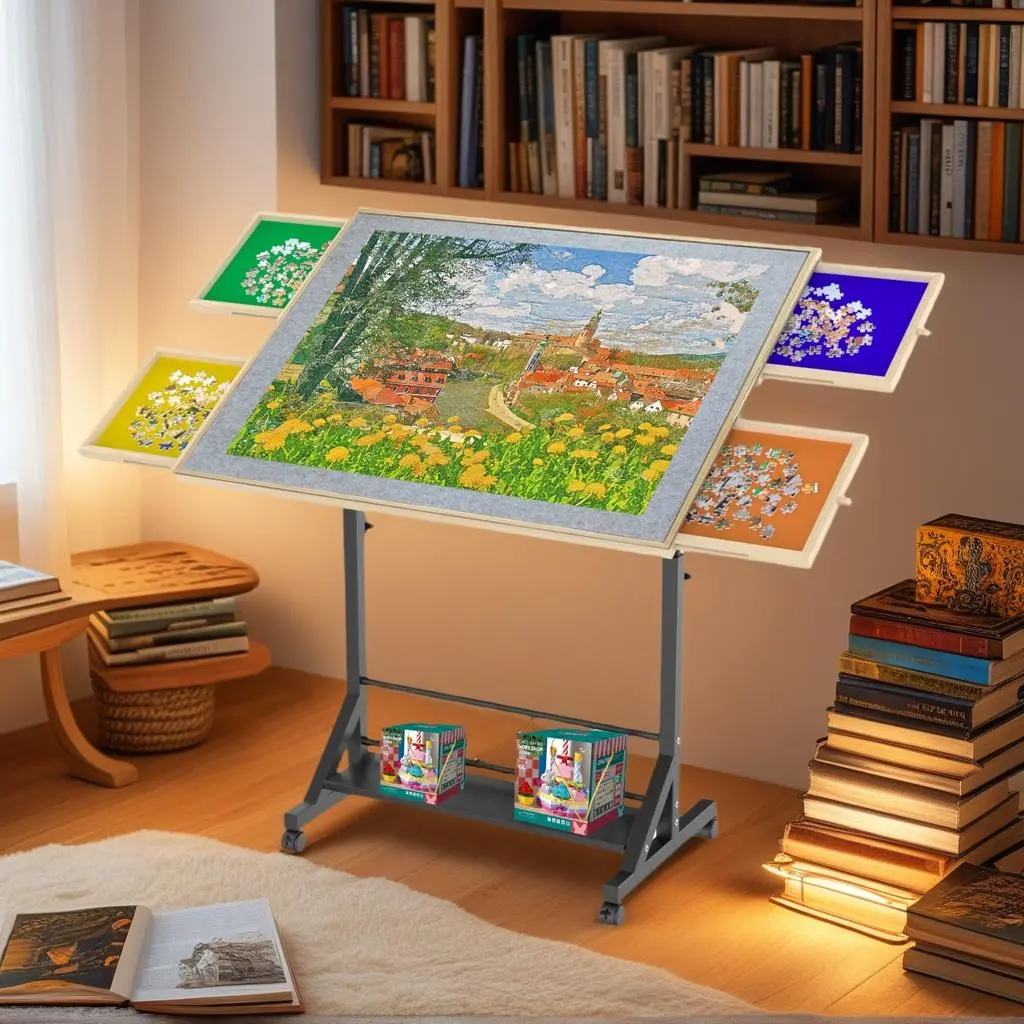 Wooden 1500 Piece Puzzle Table with Drawers, 35" x 27.17" Tilting Puzzle Table with Legs and Wheels, Adjustable Height and Angle, with Protective Cover
