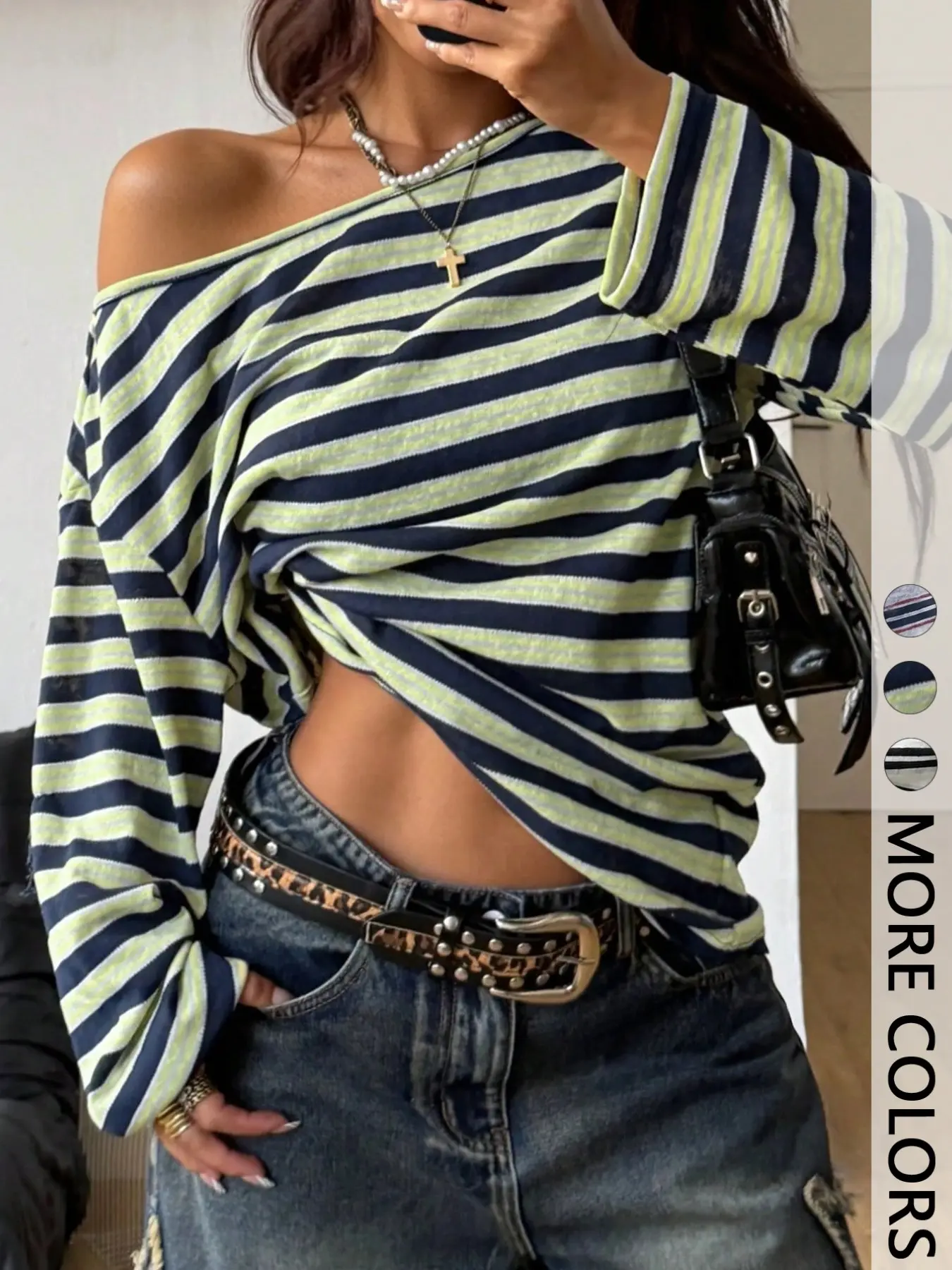 Women's Millennial Style Striped One-Shoulder Loose Long Sleeve Top, Lazy Boat Neck Split Sleeve Casual Basic Shirt, Vintage Streetwear T-Shirt