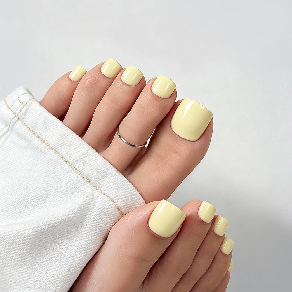 [ Butter Yellow ] ELLIE YOUNG Press On Toe Nails, Short Square Waterproof Reusable Toenails with Glue Kit, 32PCS in 16 Sizes for Summer, Beach & Daily Wear