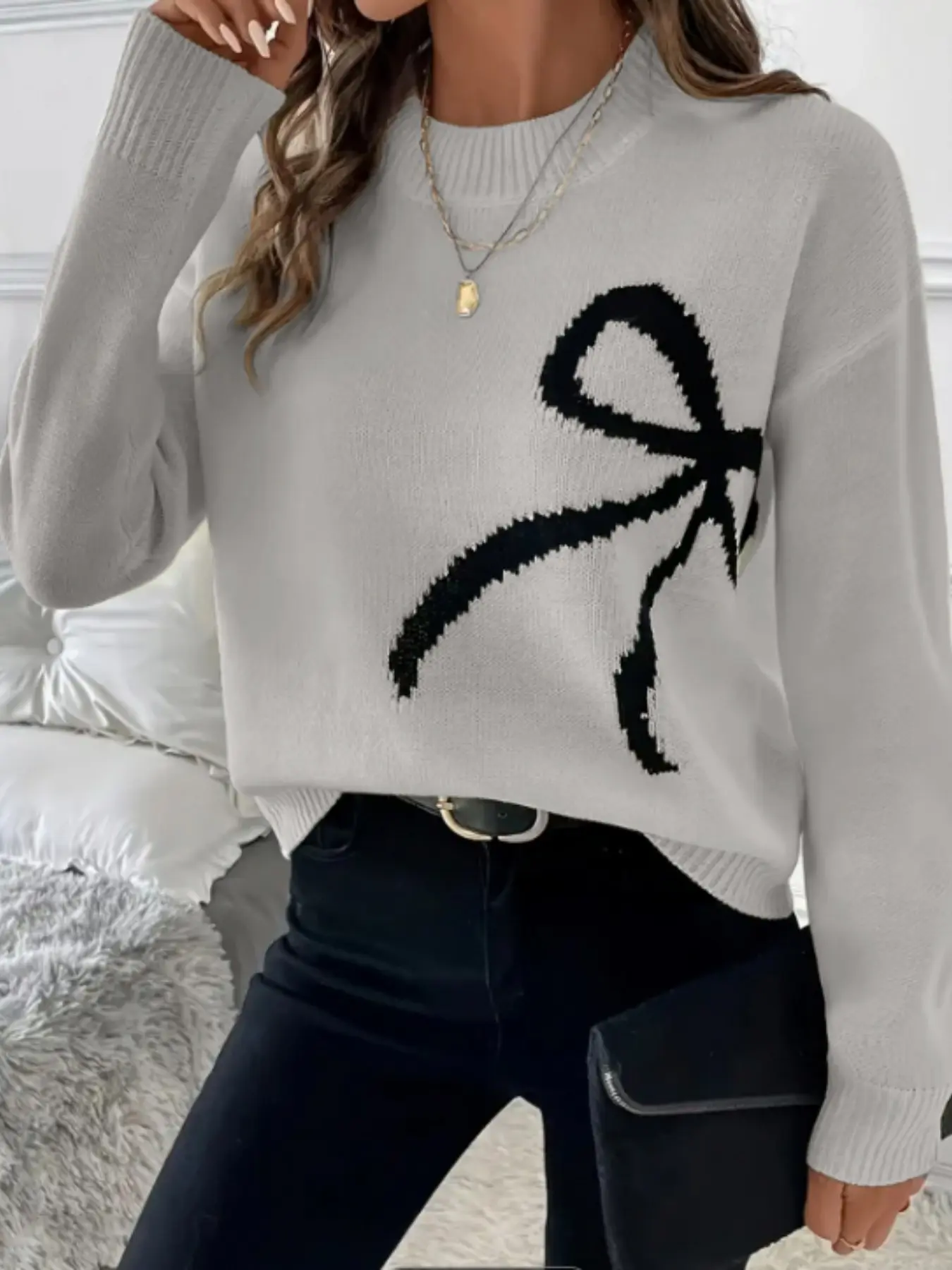 Women Bow Pattern Crew Neck Knit Sweater, Long Sleeve Loose Drop Shoulder Cropped Pullover, Coquette Aesthetic Fall Casual Tops