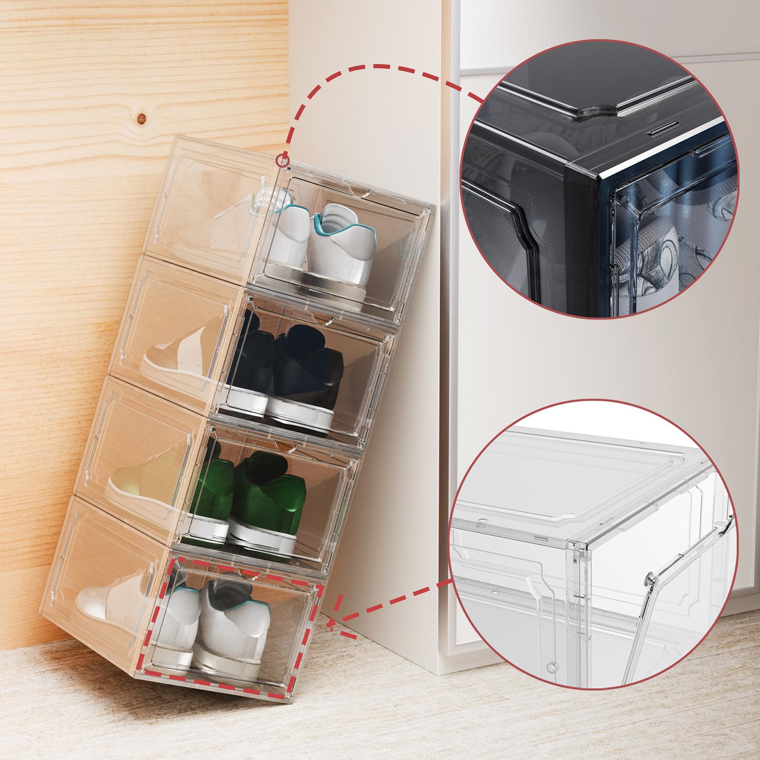 6 Pack Clear Magnetic Stackable Shoe Organizer With Magnetic suction door,   Space Saving Storage Organizer For Entryway, Bedroom, Home, Dorm, Etc