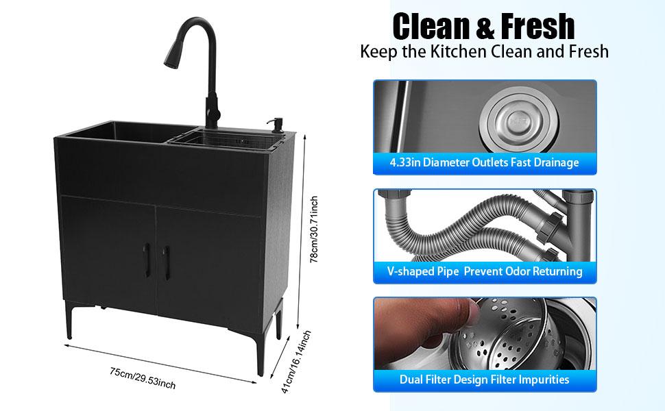 Laundry Utility Sink with Cabinet & Pull-Down Faucet Freestanding Stainless Steel Utility Sinks with 2 Doors Deluxe Bouble Kitchen Sink Wash Station Tub for Laundry & Kitchen, Bathroom(Black)