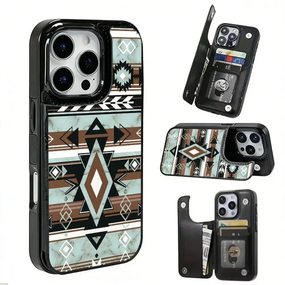 Phone case: Suitable for iPhone 17 Air/17 Pro/16 Pro/15 Pro Max/14 Plus/13 Pro/12 featuring ethnic geometric retro pattern protective cases, with built-in card slots that can store bank cards, transit cards, and various other cards