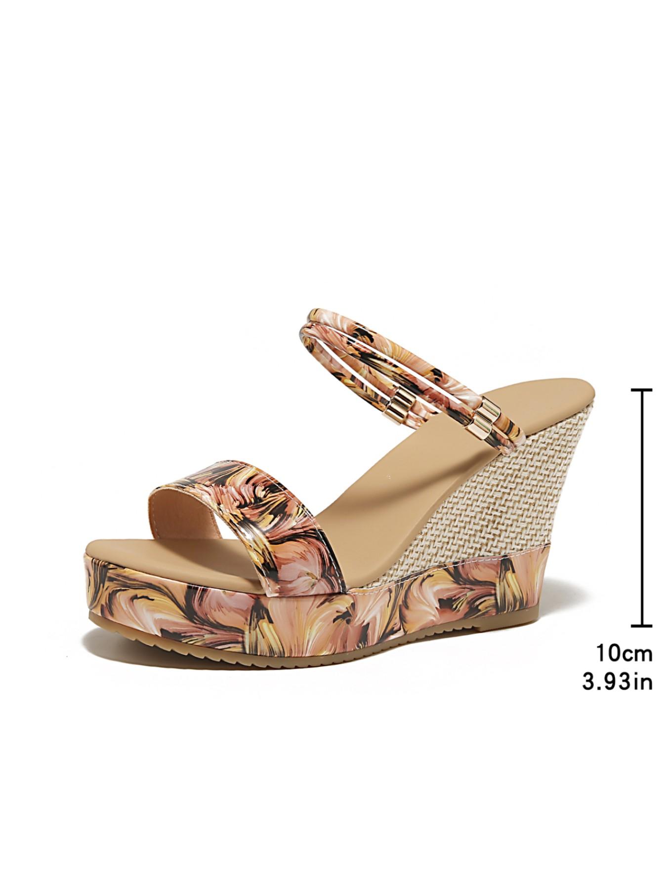 Women's Boho Floral Wedge Sandals, PU Leather, Rubber Sole, All over Print, Thick Sole, Daily/date/commute/vacation, Elegant Outdoor Shoes