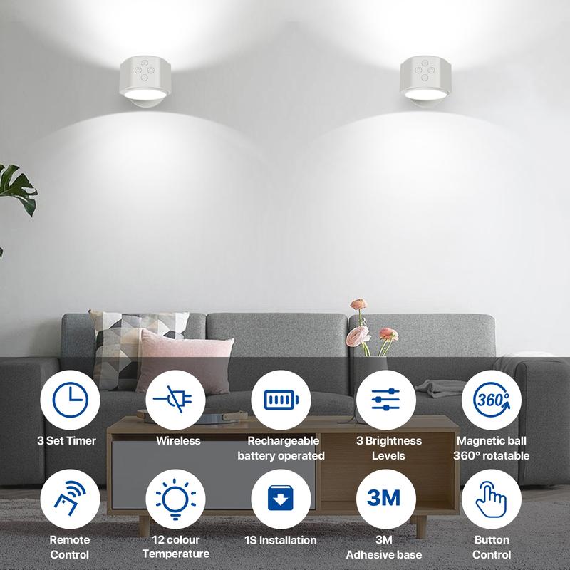 GLITGATE Wireless Wall Lamp, Magnetic Rechargeable RGB light, Remote and Button Control Wall Sconce,Adjustable Night Light, Book Lights for Bedroom,living room,Kids Study,Display Wall,Hallway,Kitchen,Stair,Basement