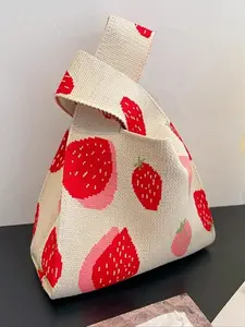 Strawberry Pattern Knitted Handbag, Elegant Crochet Bag, Handcrafted Bag, Women's Woven Shoulder Bag, Large Capacity, Fashionable Casual Handbag, Cute Strawberry Handbag