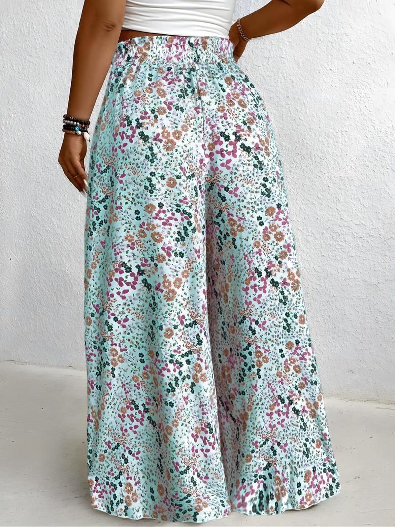 ["Plus Size"] Floral Print Pants, Bohemian Street Trousers, Boho Casual Comfy Wide Leg Trousers for Vacation Holiday, Women's Bottoms for Summer