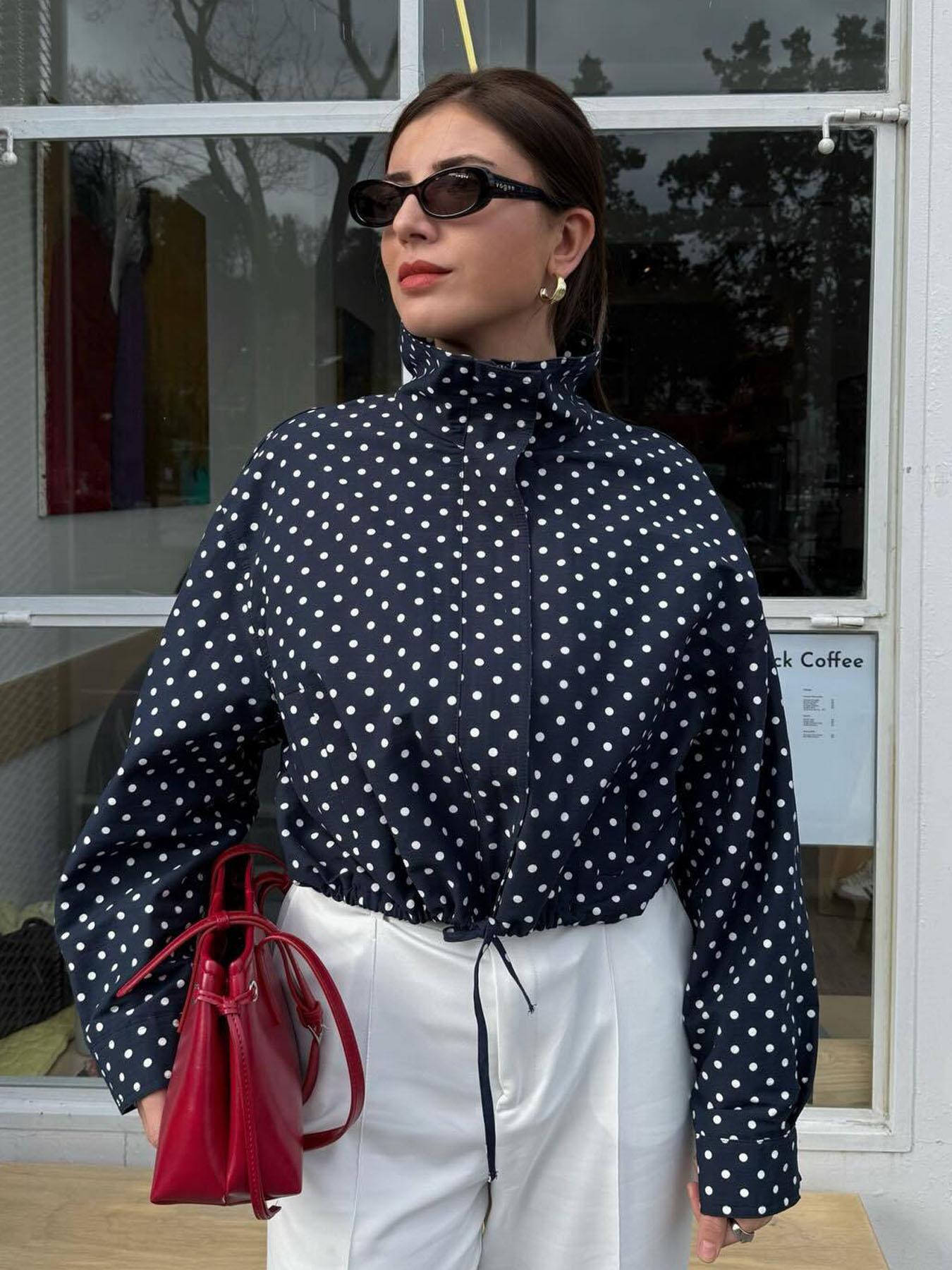 Polka Dot High Neck Women's Spring Jacket Windbreaker Cropped Coat Outdoor Bomber Jackets For Woman Outerwear Streetwear Demi-Season New In Jackets Fashionable Zipper Blue Woman Jackets Polka Dot Casual Jacket Casual Chic Outerwear Womenswear Polka Dot High Neck Women's Spring Jacket Windbreaker Cropped Coat Outdoor Bomber Jackets For Woman Outerwear Streetwear Demi-Season New In Jackets Fashionable Zipper Blue Woman Jackets Polka Dot Casual Jacket Casual Chic Outerwear Womenswear