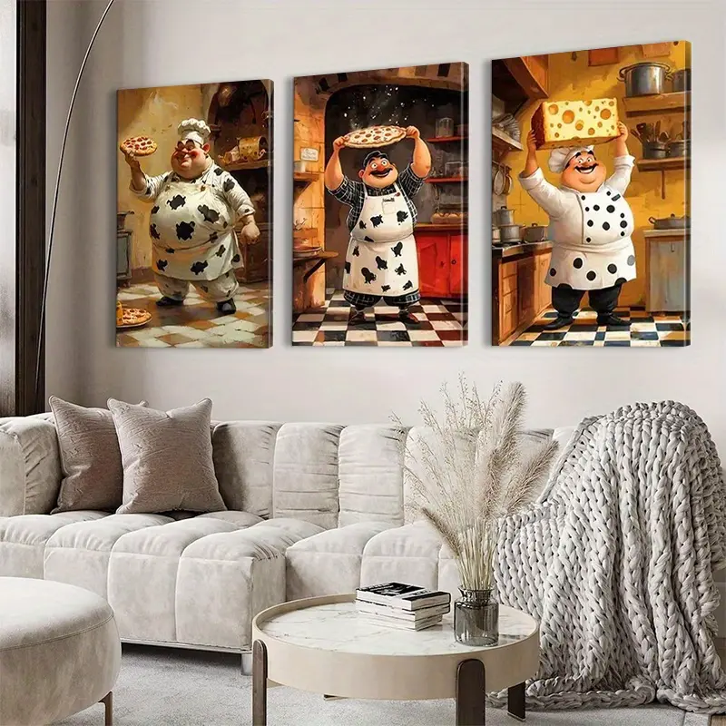 3-Piece Framed Canvas Wall Art - Modern Abstract Chef And Dessert Art, Cartoon Character Kitchen Prints, Vintage Wooden Frame, Vibrant Home Decoration, Suitable For Kitchens, Restaurants, Cafes, Dining Areas, 2D Graphic Design