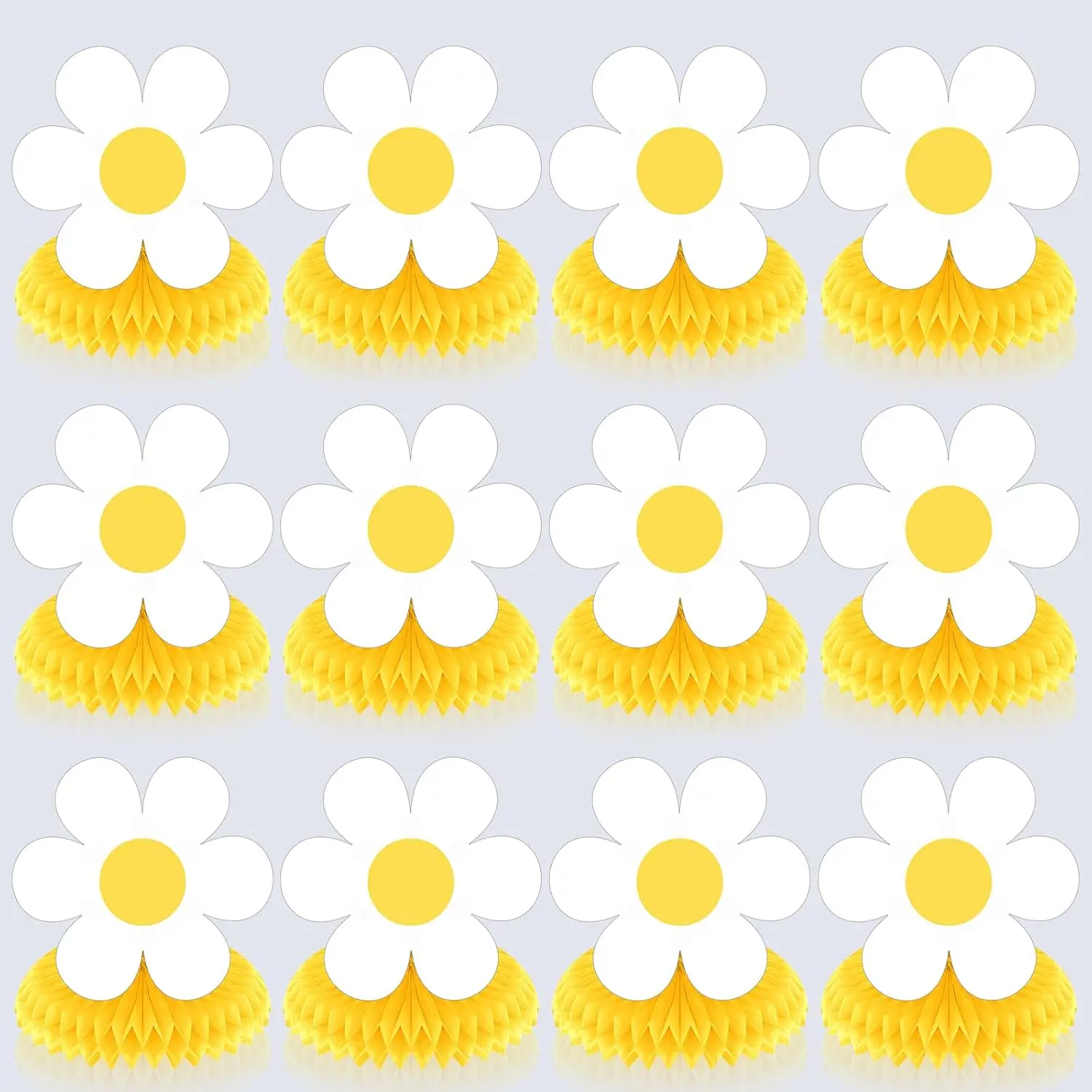 12Pcs Yellow White Daisy Party Decorations Daisy Flower Honeycomb Centerpieces Groovy Hippie Boho Table Topper Decorations for One Two Birthday Baby Shower Hippie Retro Spring Floral Party Supplies