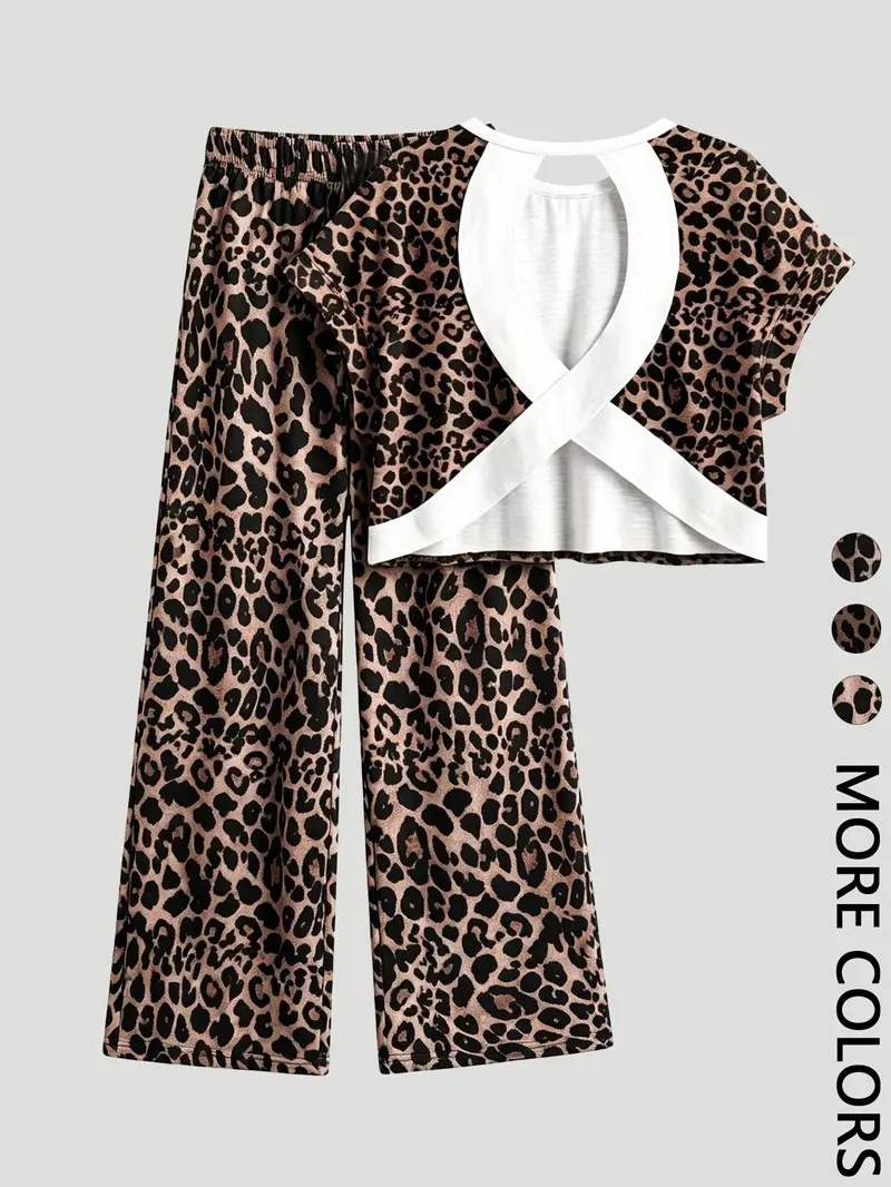 Women's Leopard Print Casual Loungewear Homewear Pajamas Two-Piece Set, Round Neck Short Sleeve Backless Top & Lounge Long Pants, Comfortable Wear, Casual Loungewear Sleepwear Women's Leopard Print Casual Loungewear Homewear Pajamas Two-Piece Set, Round Neck Short Sleeve Backless Top & Lounge Long Pants, Comfortable Wear, Casual Loungewear Sleepwear
