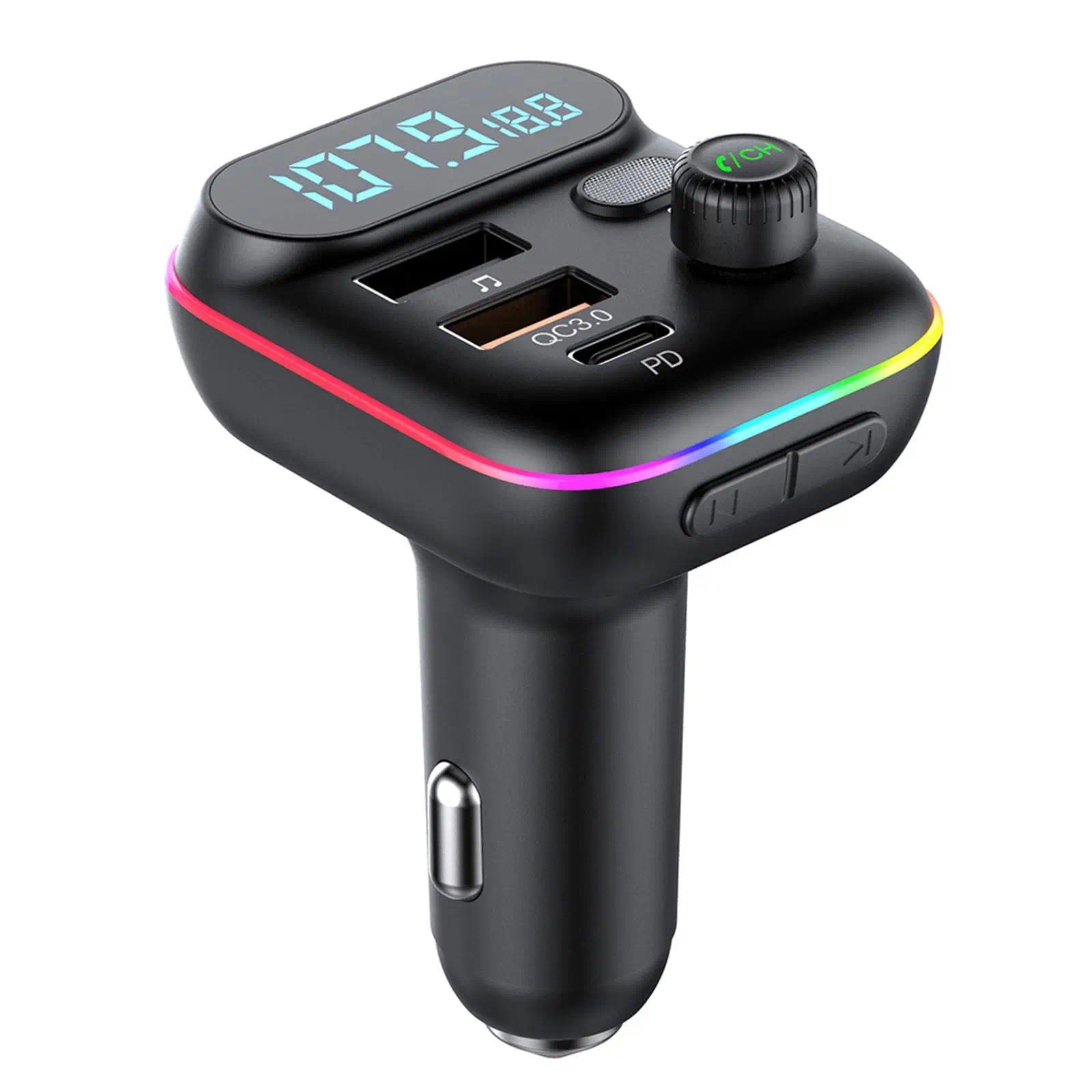 Bluetooth Car Adapter, In-Car FM Transmitter with Bluetooth 5.0, 18W PD Fast Charging, QC3.0, USB + PD Ports, Type-C, Colorful Ambient Light, Dual Music Player, Bluetooth Calling, Cigarette Lighter Accessory with Easy Setup