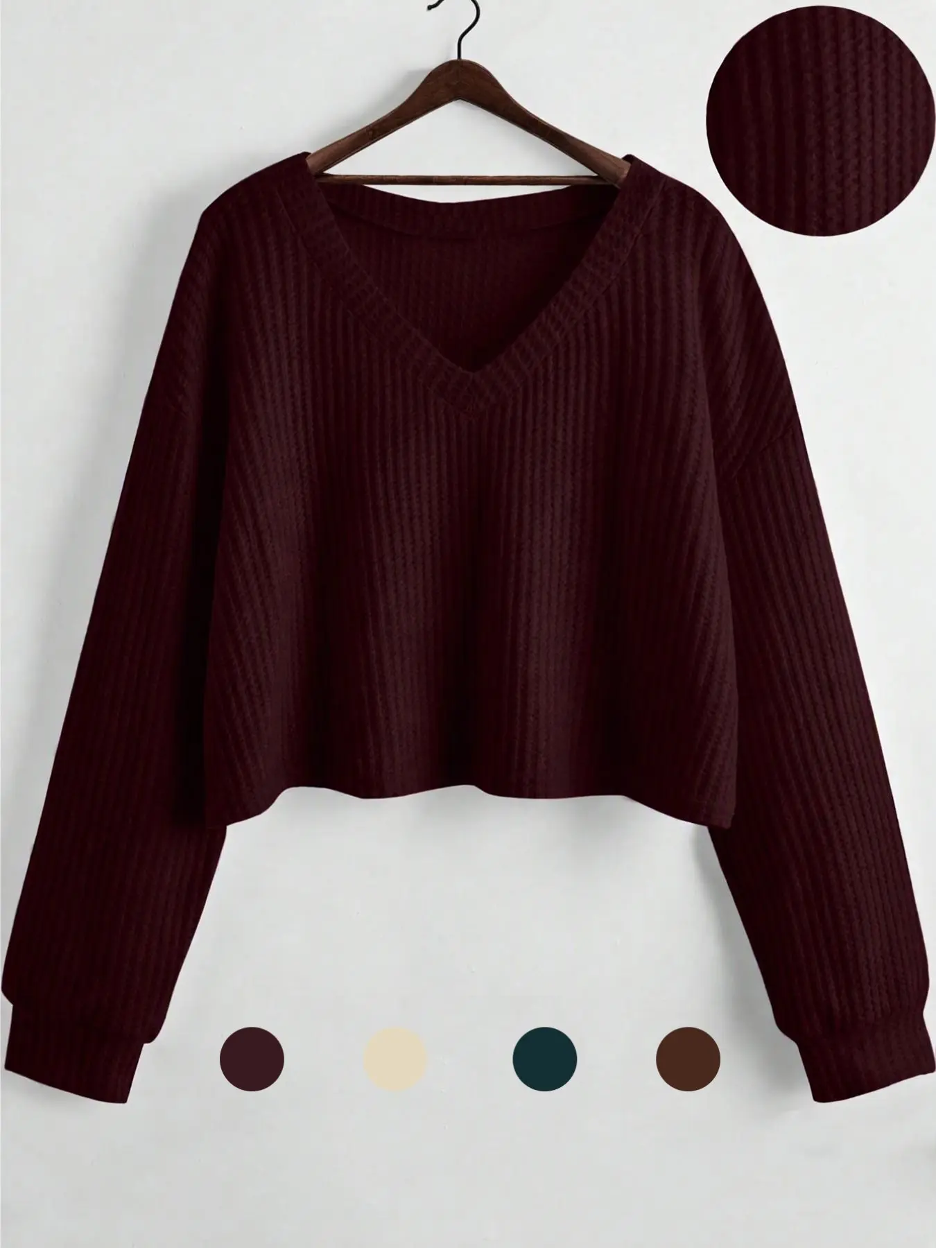 Women's V-Neck Knit Short Sweater, Long Sleeve Drop Shoulder Loose Pullover, Fall Winter Solid Color Casual Top, Christmas Halloween