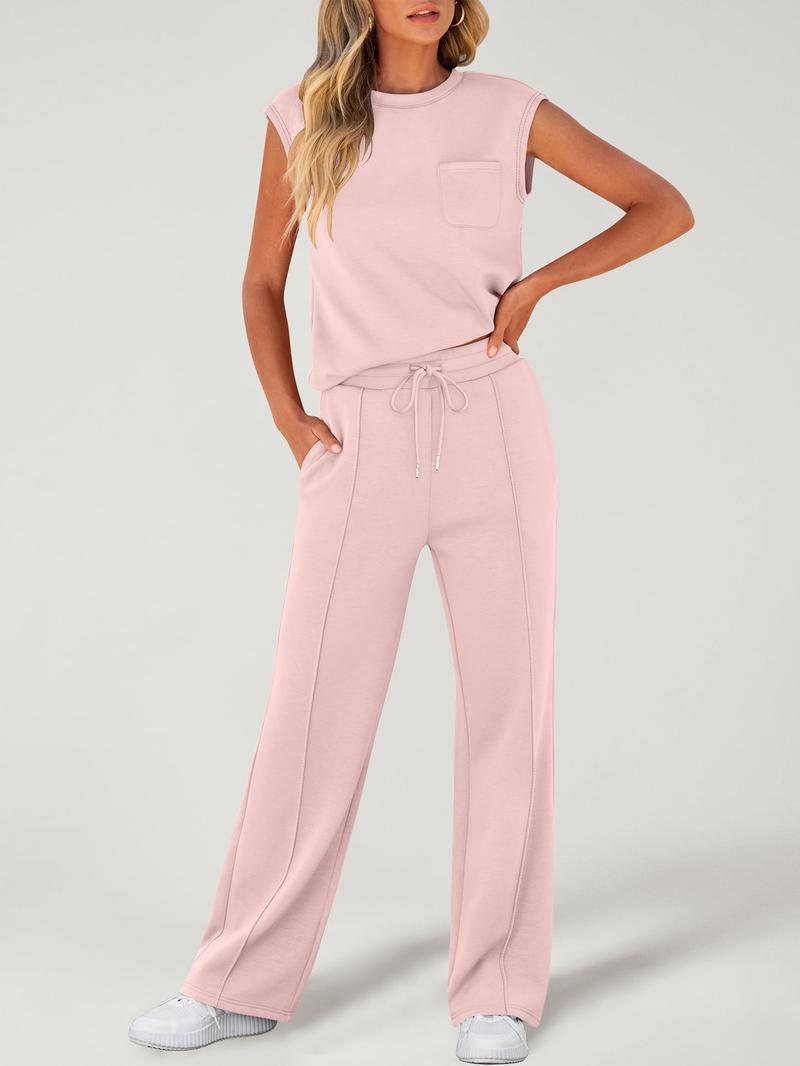 Women's Solid Tank Top & Drawstring Waist Pants Two-piece Set, Casual Sleeveless Round Neck Top & Trousers for Daily Wear, Ladies Two-piece Outfits for All Seasons, Clothes, Womenswear