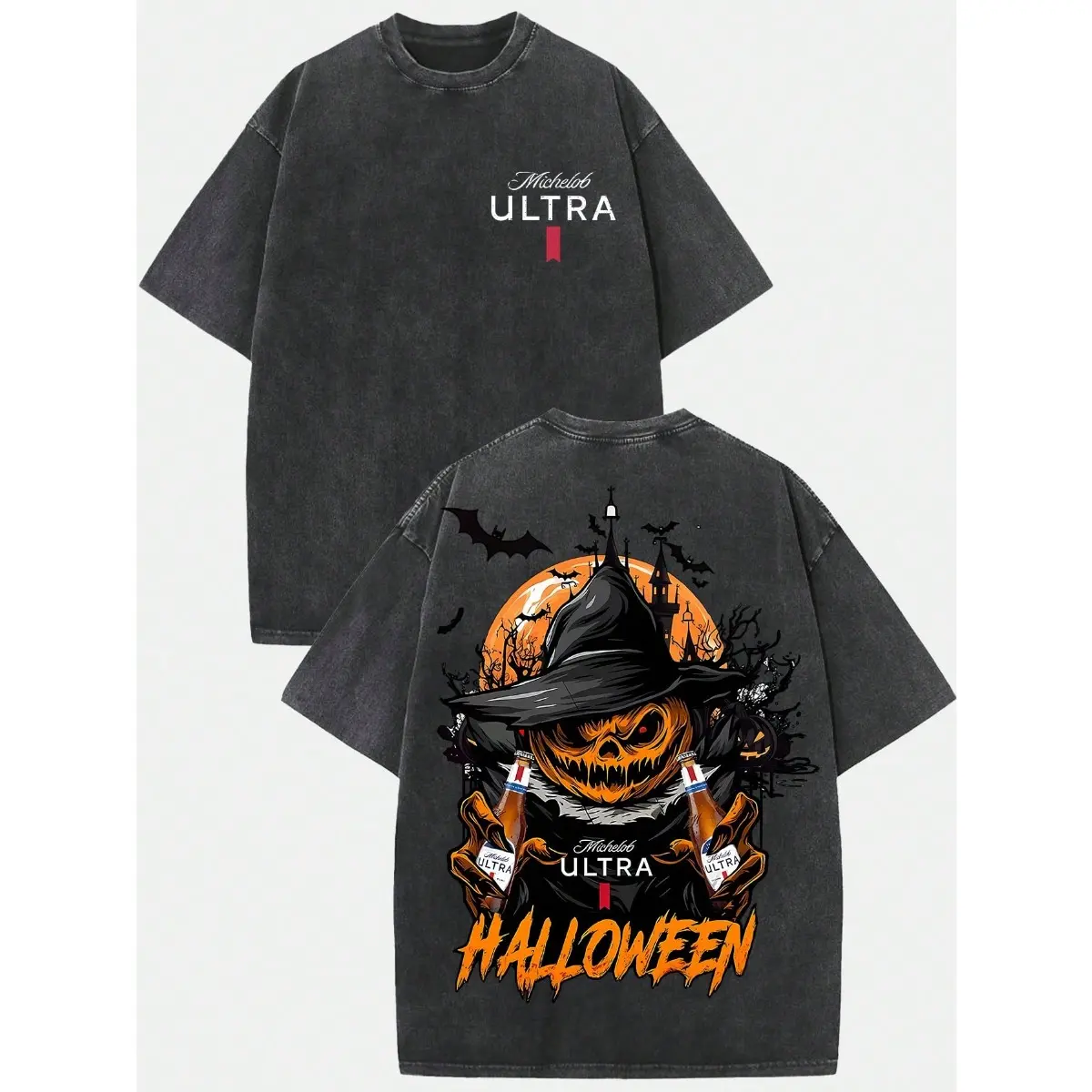 Men's Michelob Ultra Halloween Vintage Washed Graphic Print T-Shirt - Pumpkin Witch Beer Design, Heavyweight Breathable Soft Fabric, Relaxed Fit, Oversized Loose Short Sleeve Round Neck Menswear Tee, Machine Washable Fall Streetwear