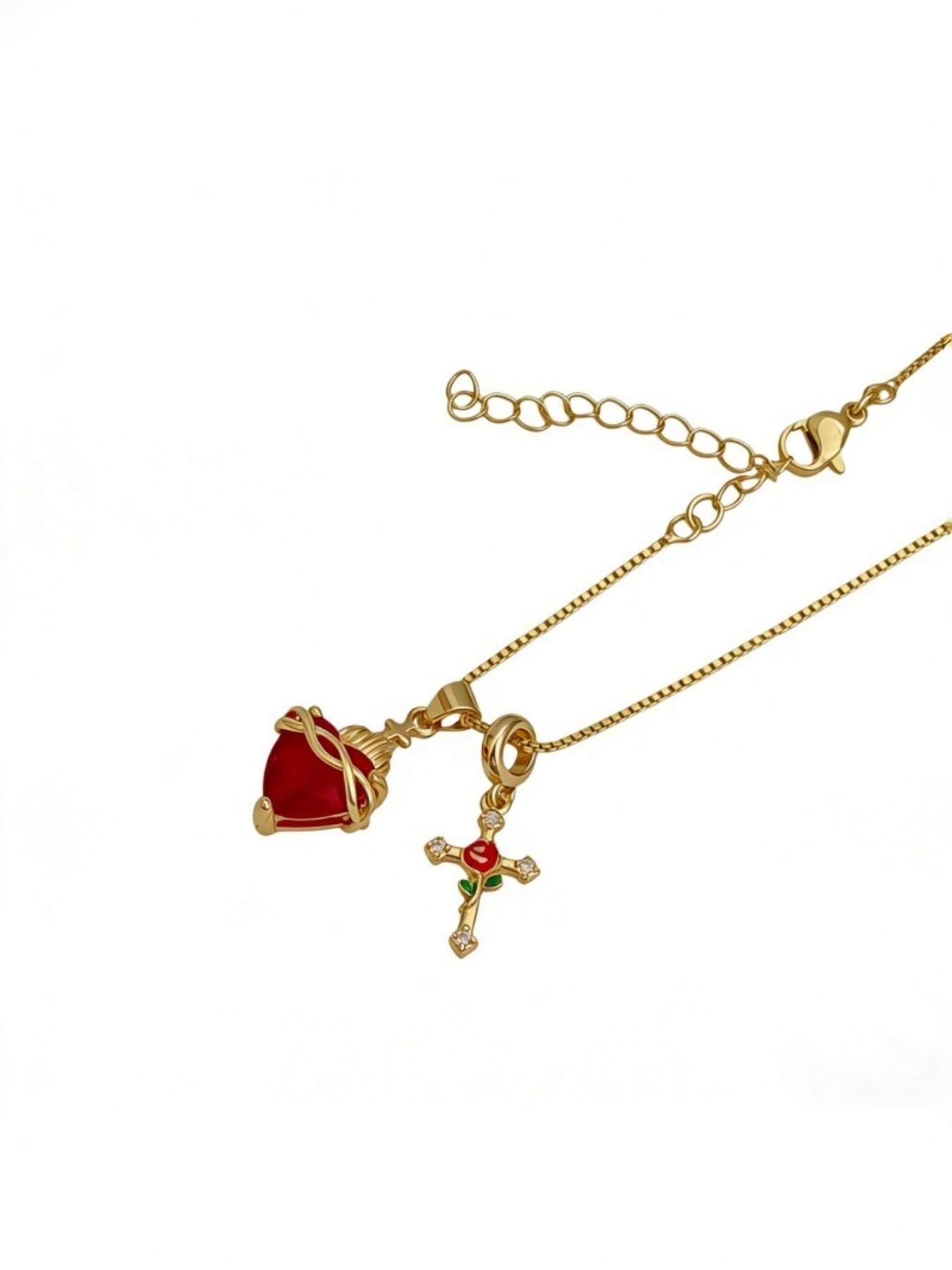 Sacred Heart/rose Cross Pendant Necklace, Women's Fashion Casual Jewelry, Ideal for Daily Wear, Perfect Valentine's Day Gift