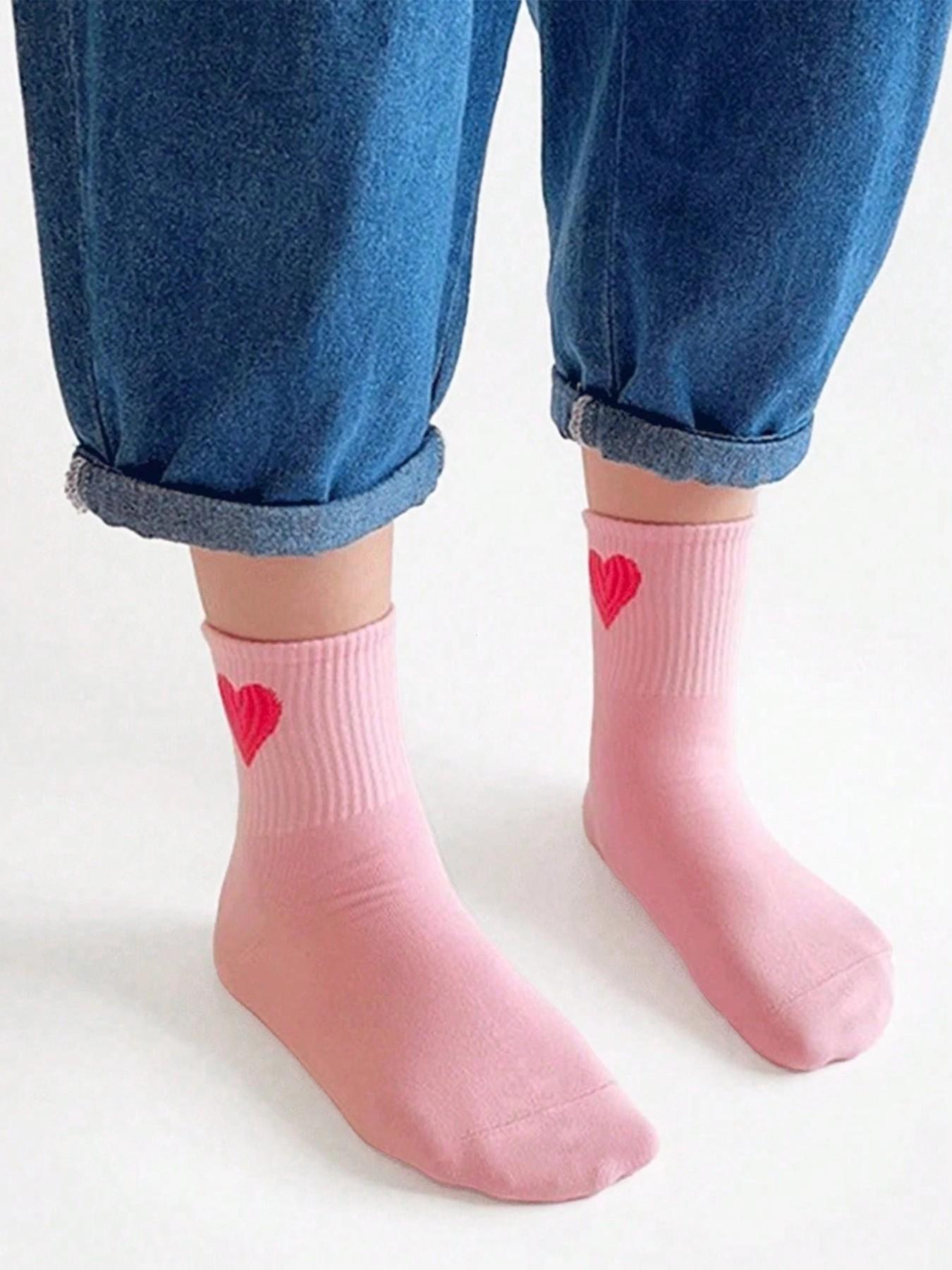10 Pairs Girls' Crew Socks, Heart/bow Pattern, Casual Fitted Design, Breathable & Comfortable, Spring/fall/winter Wear, Comfy Breathable Socks