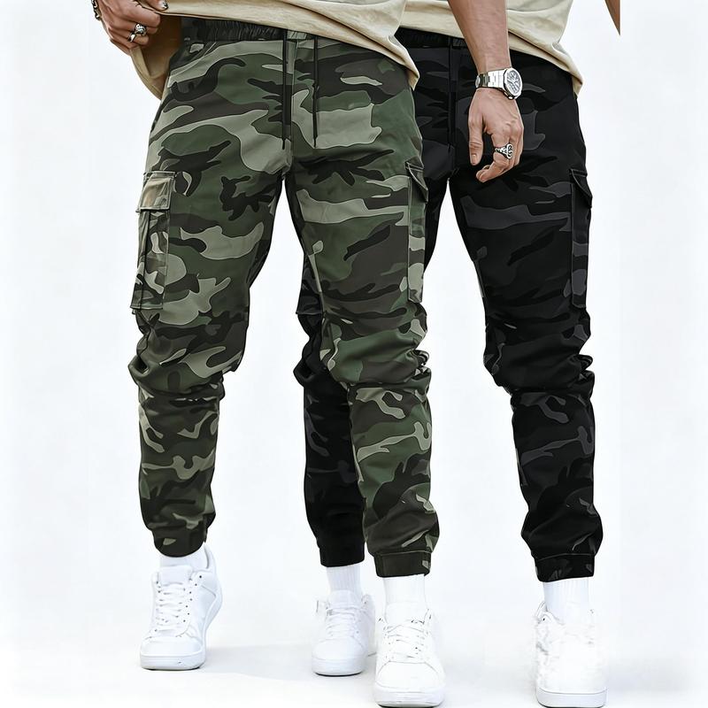 Men's 2-Pack Universal Breathable Camo Cargo Jogger Pants, Casual Loose Baggy Fit, Drawstring Elastic Waistband, Side Pockets, Cotton-Padded Material, All-Season Streetwear for Outdoor Activities, Dry Clean Compatible