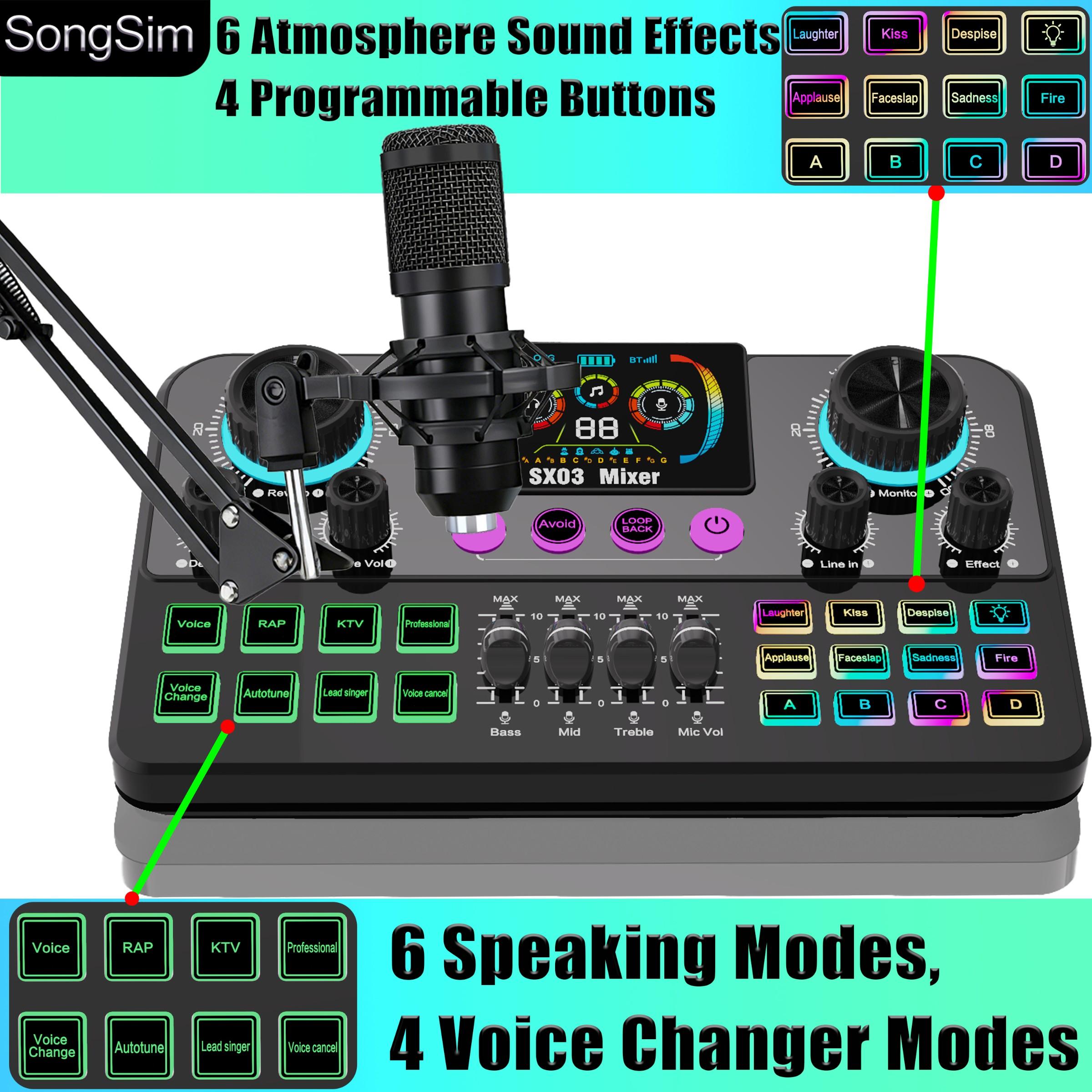 Professional Podcast Voice Changer Kit, Includes Microphone and Stand, 3 Channel Audio Input, OTG/USB Output, Suitable for Voicing, Speaking, Singing